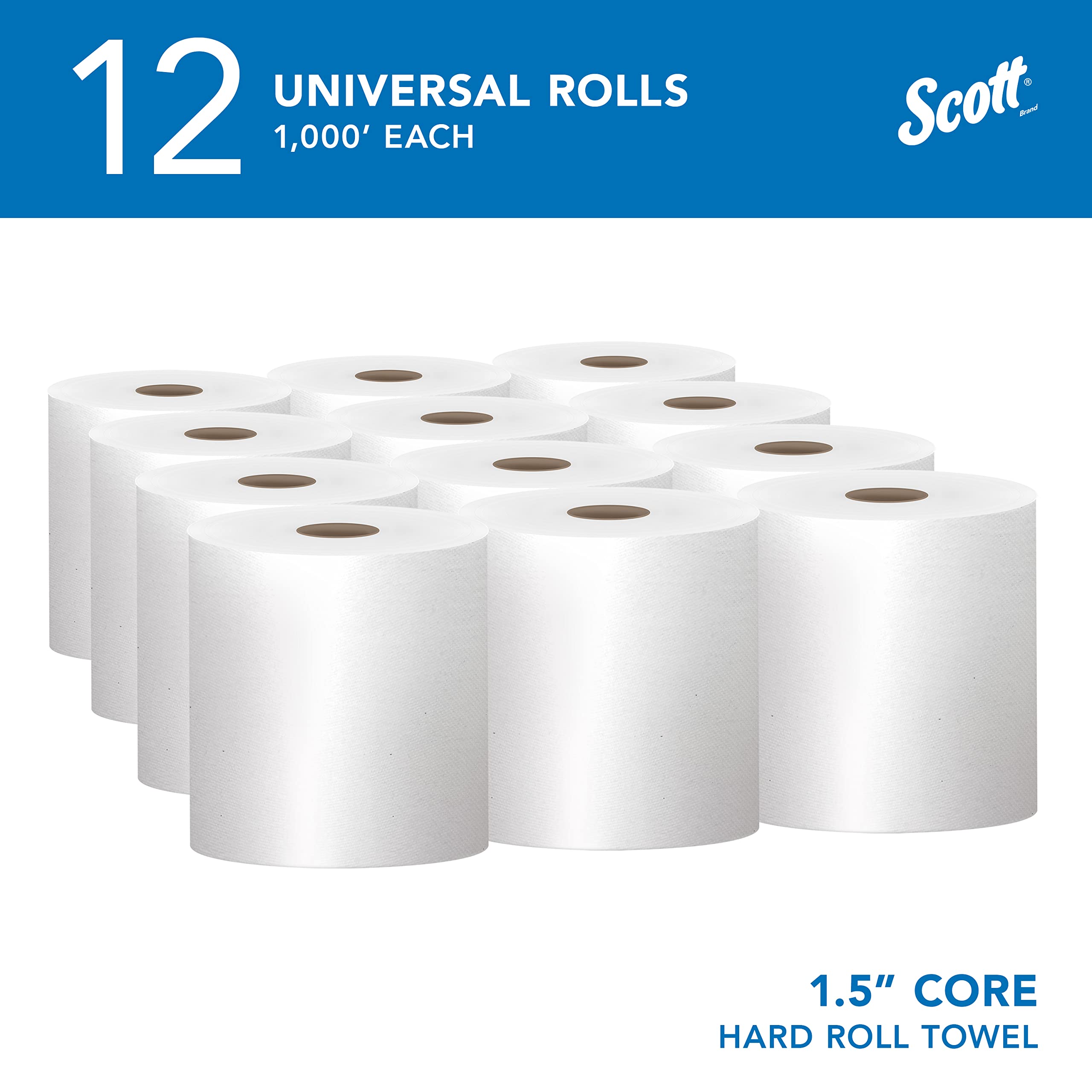 Scott Professional Essential Universal High-Capacity Hard Roll Paper Towels - 12 Rolls (1,000' Each) | 1.5