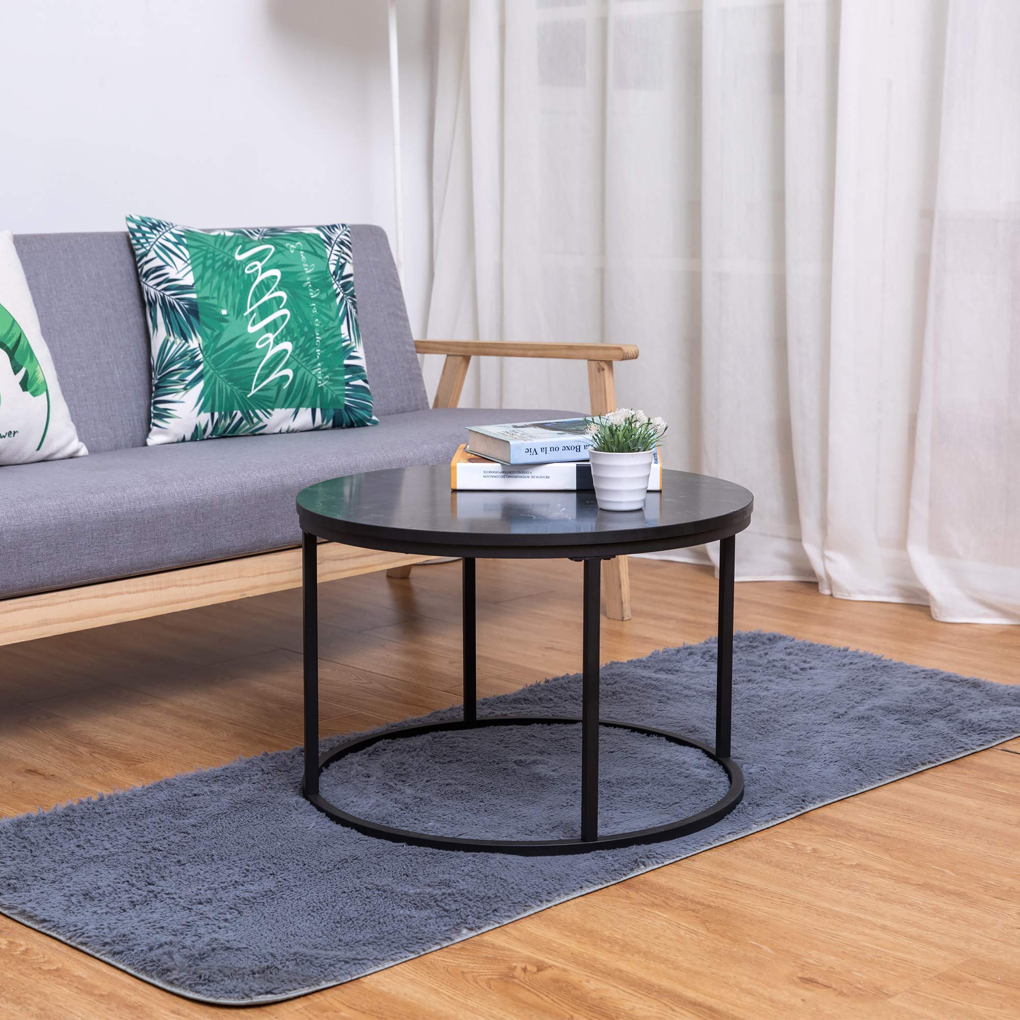 Round Black Ball & Cast Side End Table with Faux Marble Top - 23.25