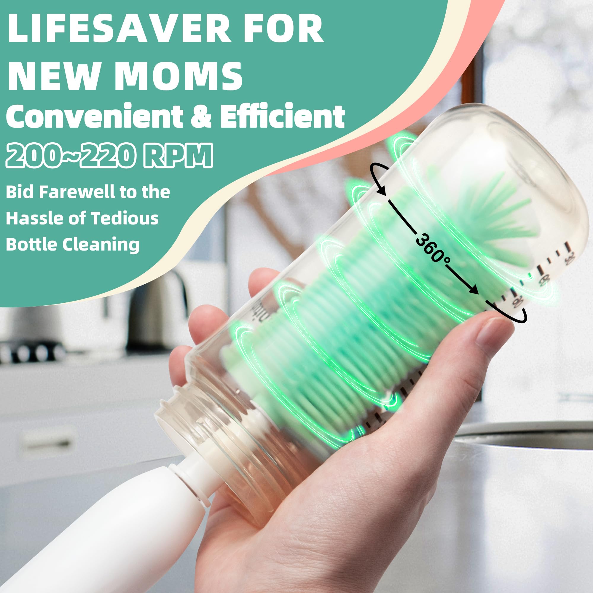 Rechargeable Electric Bottle Brush Cleaner Set - Waterproof Baby Bottle Cleaner with Nipple & Straw Brush - Perfect Travel Essential for New Moms - Great Baby Shower Gift for Pregnancy & Postpartum Use - Green