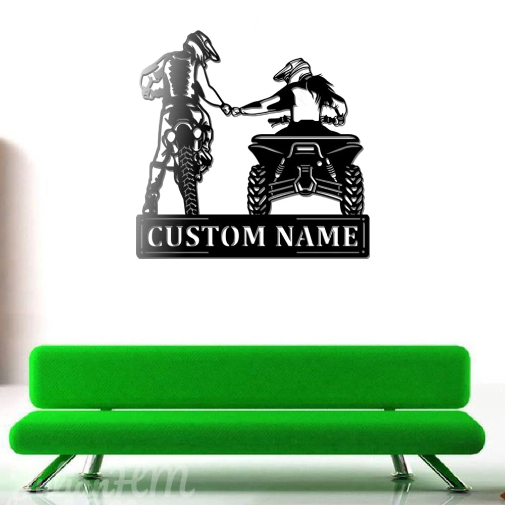 Custom Family Dirt Bike & ATV Metal Wall Art with LED Lights - Personalized Motocross Name Sign for Couples - 12x12 Inch Home Decor for Living Room, Bedroom or Man Cave - Perfect Gift for Bikers & Off-Road Enthusiasts