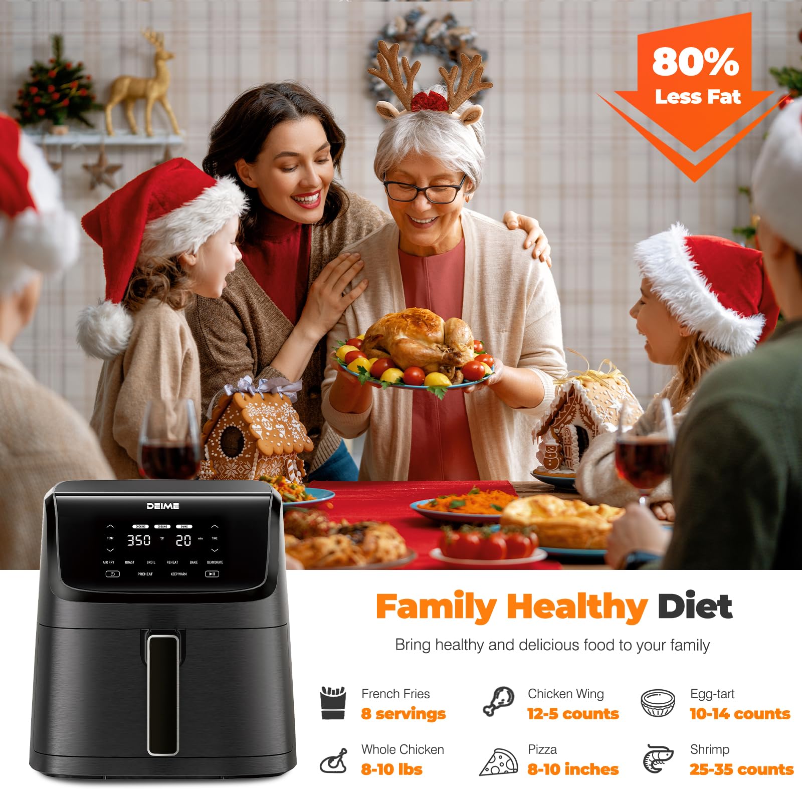 DEIME 7.2 QT 1700W Air Fryer Oven - Large Capacity Oil Free Cooker with 12 Presets, Visible Window & LCD Touch Screen - Customizable Cooking, Nonstick Basket (Black) - Perfect for Healthy Meals, Snacks & Family Dinners