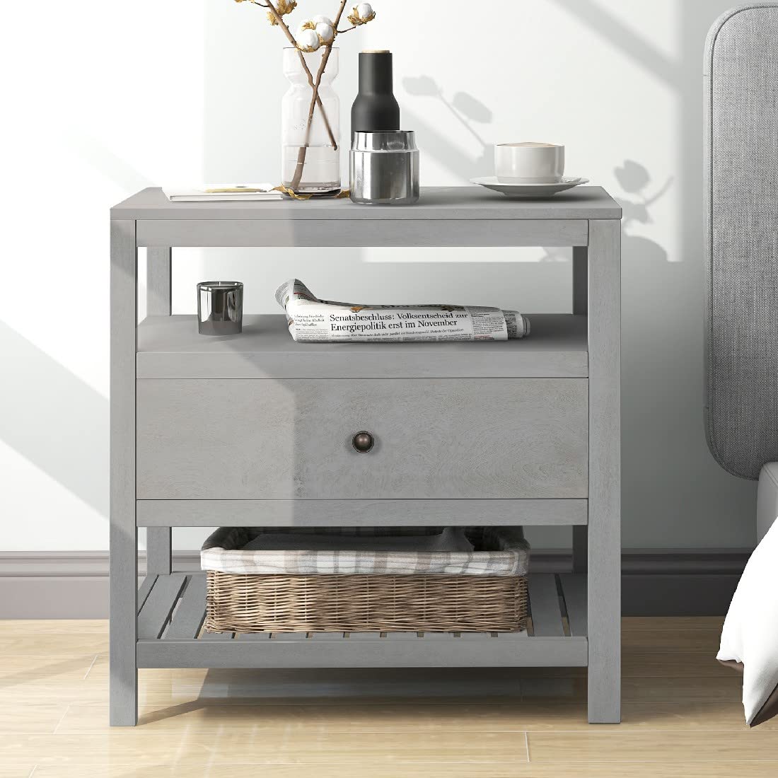 Modern Solid Wood Nightstand with Storage Drawers & Open Shelves - Sturdy Wooden Side Table for Bedroom & Living Room | Perfect for Storing Books, Lamps & Bedroom Essentials (WF281117AAE-Gray)