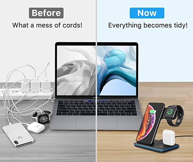 3-in-1 Qi Certified Wireless Charging Station for iPhone 13/12/11/Pro/Max/XS/XR/X, Apple Watch Series 7/6/SE/5/4/3/2 & AirPods Pro/3/2/1 - Fast All-in-One Charger for Bedside, Office & Travel (Z5, Black)