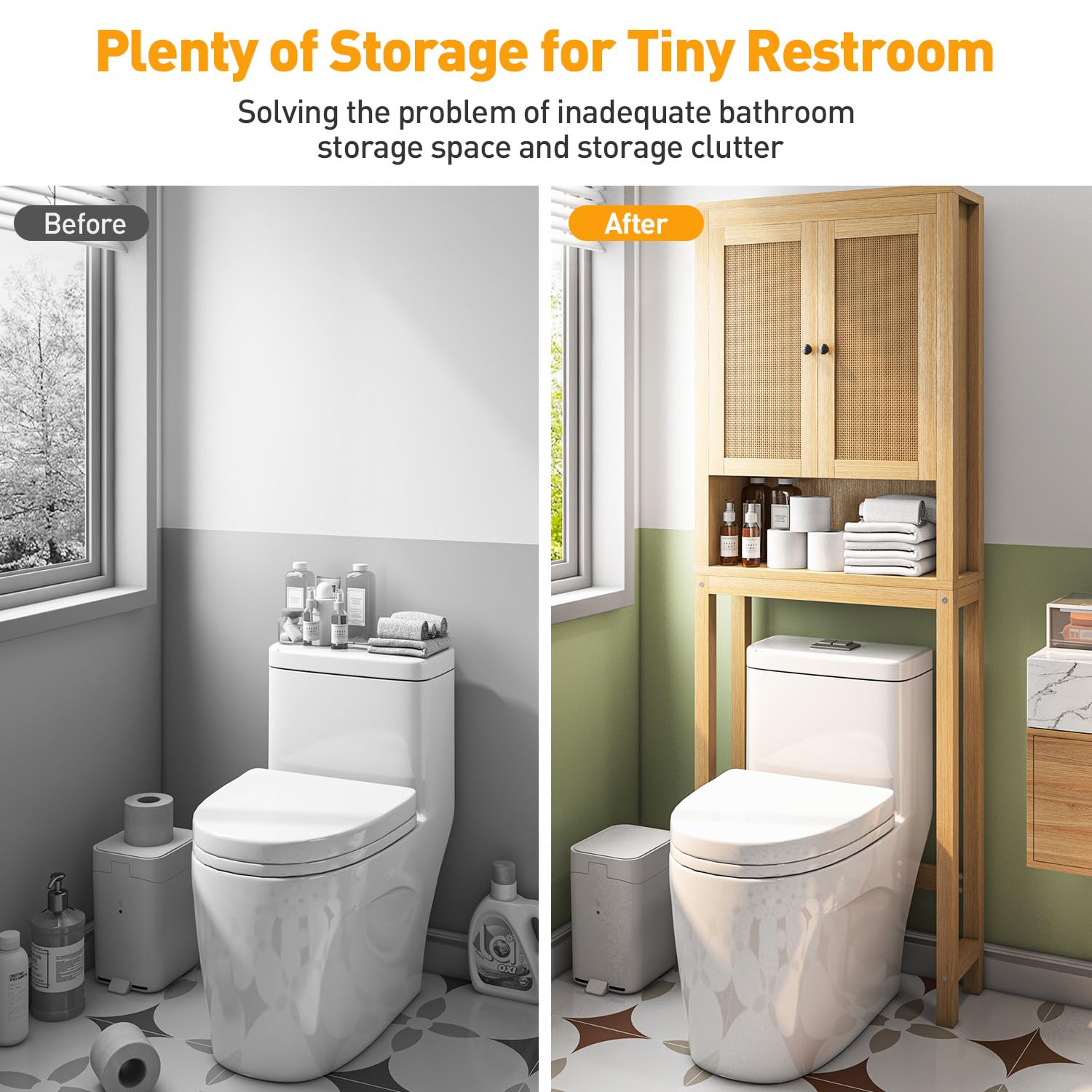 Rattan Over The Toilet Storage Cabinet - Adjustable Shelf Bathroom Organizer | Space Saving Behind Toilet Cabinet for Bathroom, Laundry & Restroom | Natural Wood Rack for Toilet Paper, Towels & Bath Essentials