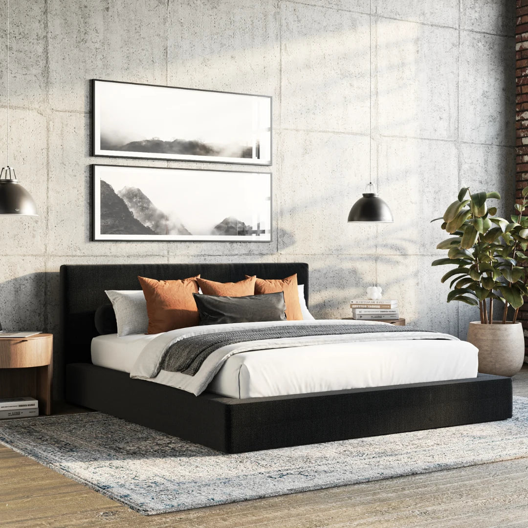 Premium Queen Size Bed Frame with Upholstered Headboard - Modern Onyx Black Bedroom Set for Master Bedroom, Guest Room, or Apartment | Easy Assembly & Sturdy Support