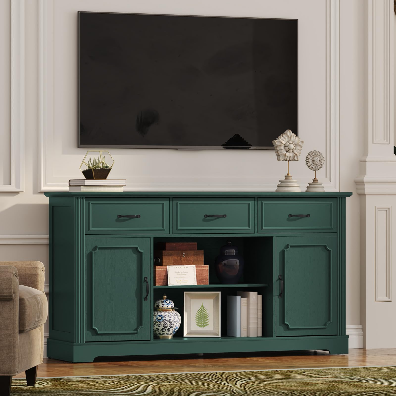 ARTPOWER Mid Century Modern TV Stand for 65 Inch TVs - Wooden Entertainment Center with 3 Drawers & Adjustable Shelves, Storage Cabinet for Living Room (Green) - Perfect for Home Theater Setup & Living Room Organization
