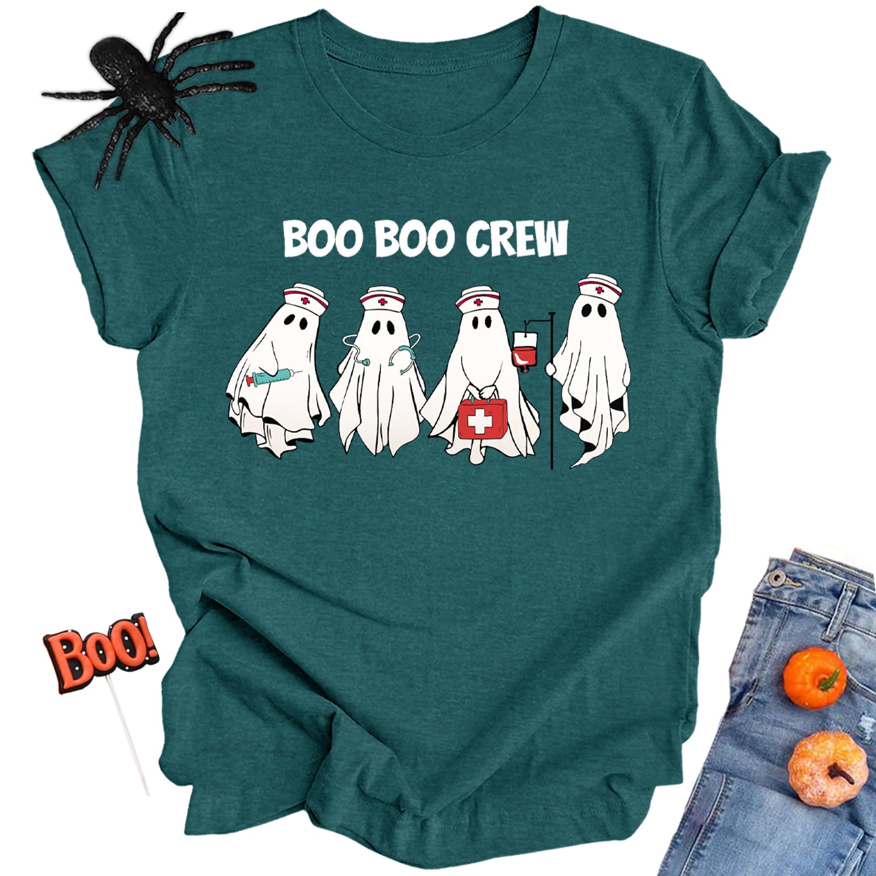 Funny Women's Boo Ghost Halloween T-Shirt - Short Sleeve Graphic Tee for Halloween Costume & Party Outfits | Perfect for Trick-or-Treating, Costume Parties & Spooky Season