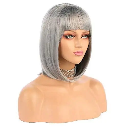 Silver Grey Bob Wig with Flat Bangs - Natural Looking Synthetic Hairpiece for Cosplay, Halloween & Daily Wear