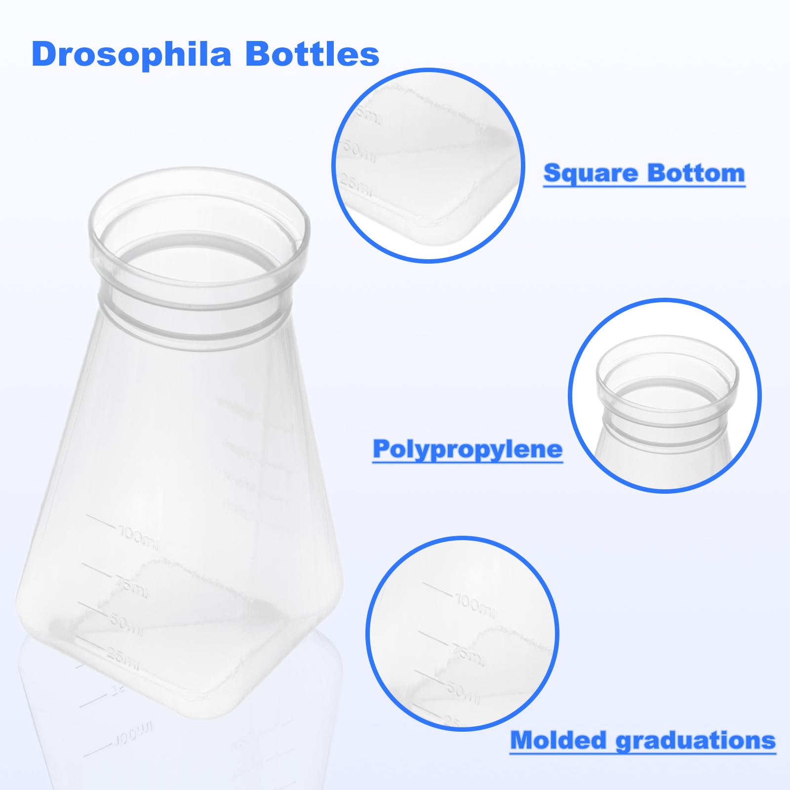 Biologix Drosophila Bottles - 200-Pack Square Bottom PE Stock Bottles with Tray Packaging for Lab Fruit Fly Culturing and Research