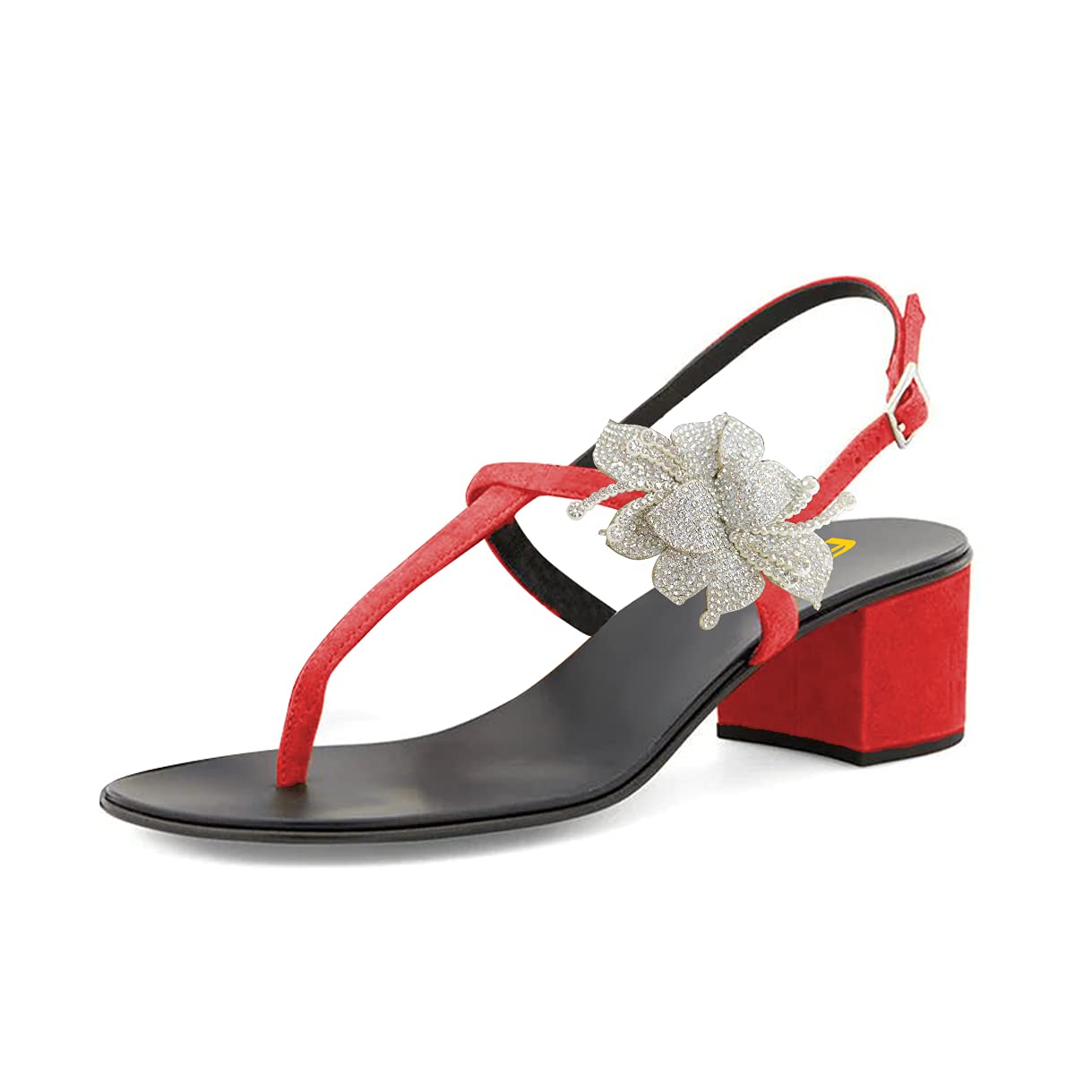 FSJ Women's Rhinestone Flower T-Strap Sandals - Adjustable Buckle Mid Heel Slingback Open Toe Shoes for Summer Beach Wedding Party Size 4-15 US | Comfortable & Stylish Casual & Dressy Footwear