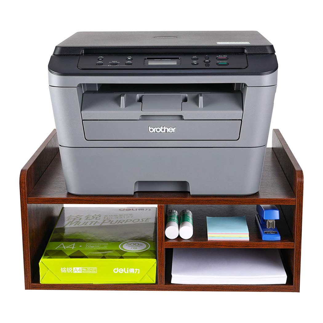 Wooden Printer Stand with Storage - Desktop Paper Organizer for Home & Office - Retro Brown Wood Printer Rack - Perfect for Workspace & Office Organization