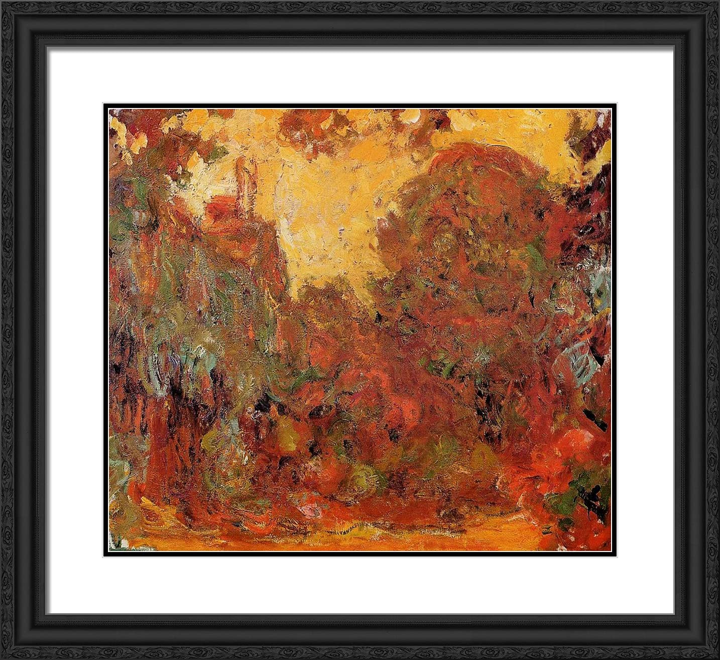 Claude Monet 'The House Seen from the Rose Garden' 22x20 Inch Black Ornate Framed Art Print with Double Matting - Perfect for Living Room, Bedroom & Office Wall Decor