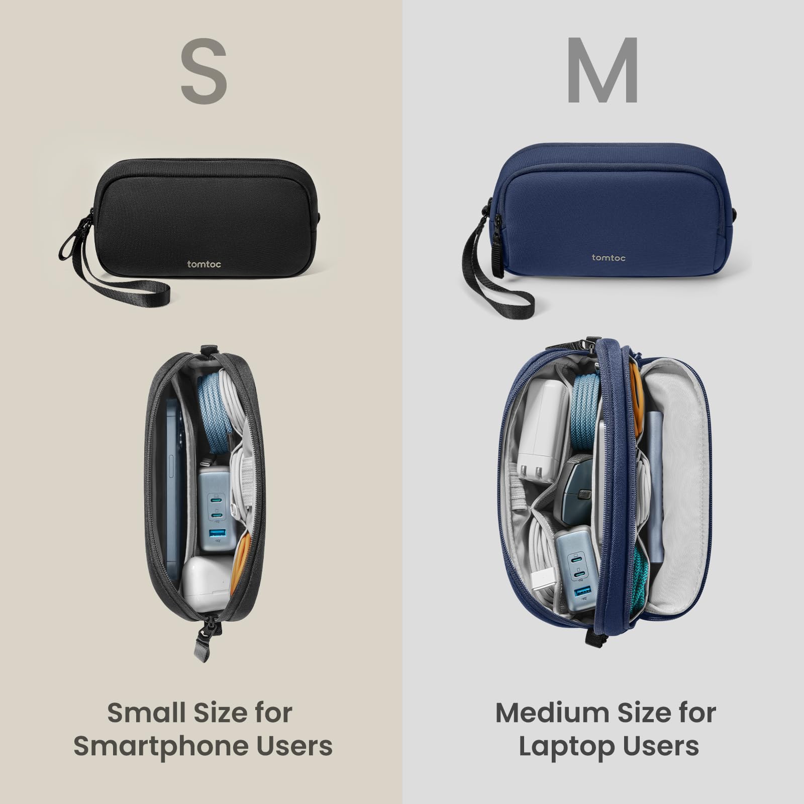 tomtoc Waterproof Tech Organizer - Dual Compartment Travel Cable Storage Bag for Charger, Cord, Phone, Hard Drive & Power Bank | Perfect for Business Trips, Daily Commute & Electronic Accessories Organization