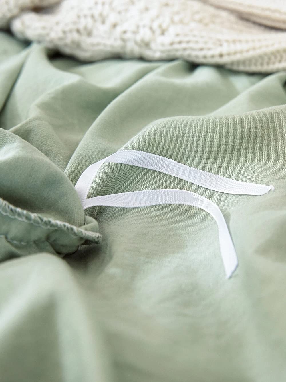 Sage Green and White Pom Pom Cotton Fringe Tassel Duvet Cover - 100% Cotton Button Closure Bedding Set for Twin, Full, Queen & King Size (Small Single) - Perfect for Boho Chic, Farmhouse & Coastal Bedroom Decor