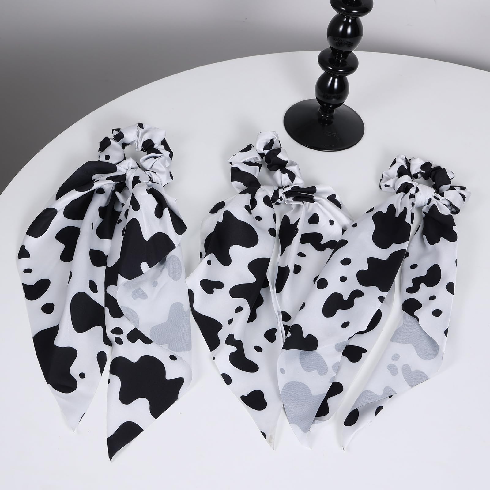 3Pcs Women's Hair Scarf Scrunchies - Knotted Bow Silky Hair Ties & Elastic Bands (Black/White Cow Print Satin Ribbon) - Ponytail Holder Accessories for Western Cowgirl Style - Perfect for Holidays, Parties, and Everyday Fashion