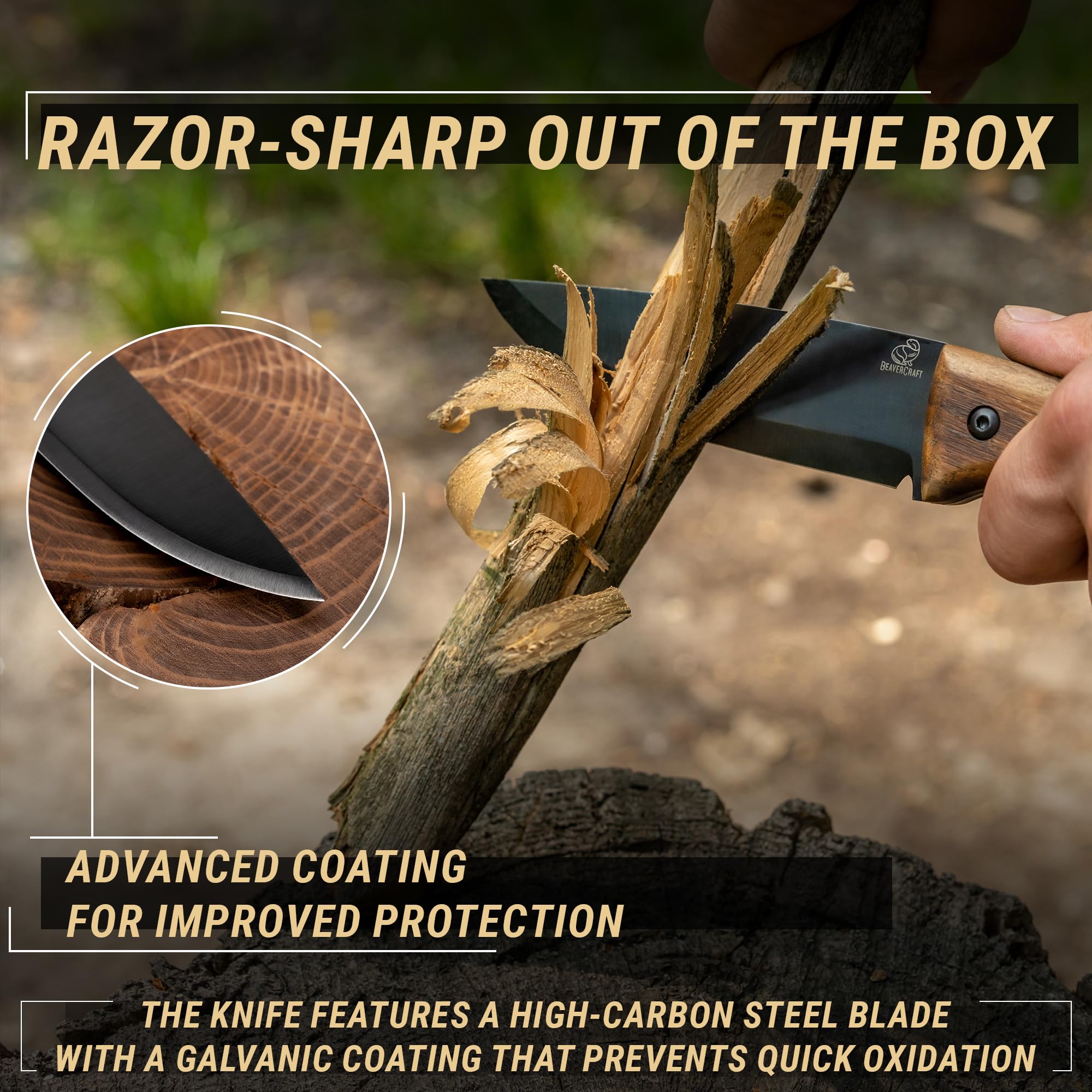 BeaverCraft Full Tang Bushcraft Knife with Leather Sheath - Carbon Steel Fixed Blade Survival Knife for Camping, Hiking & Outdoor Adventures | BSH3 Nightfall | Perfect for Bushcraft, Hunting & Wilderness Survival