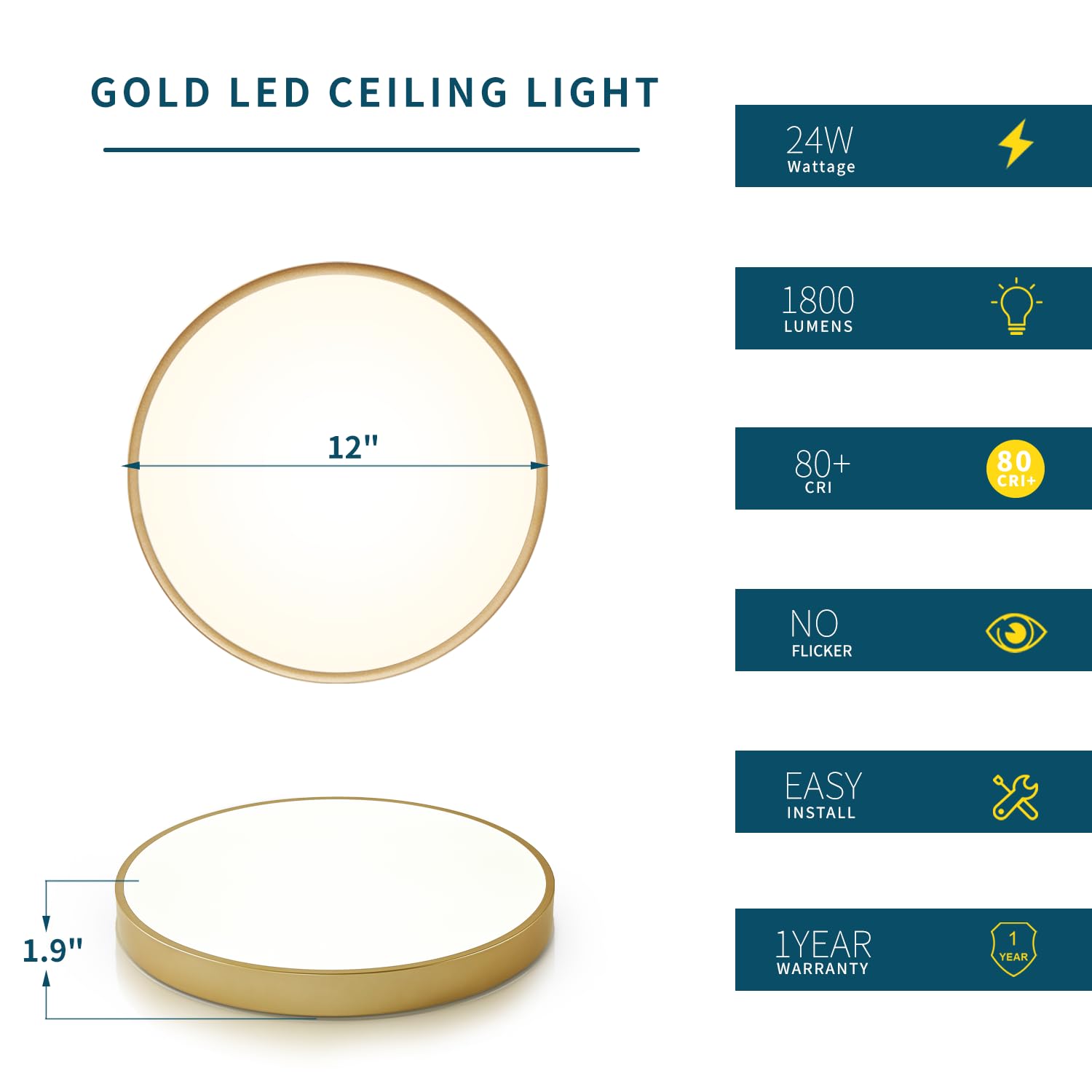 Wheatronic 2 Pack 12 Inch Gold LED Flush Mount Ceiling Light Fixture, 24W 5CCT Adjustable Close-to-Ceiling Lighting for Bathroom, Bedroom, Hallway, Kitchen, Living Room & Office - Energy Saving Modern Interior Design
