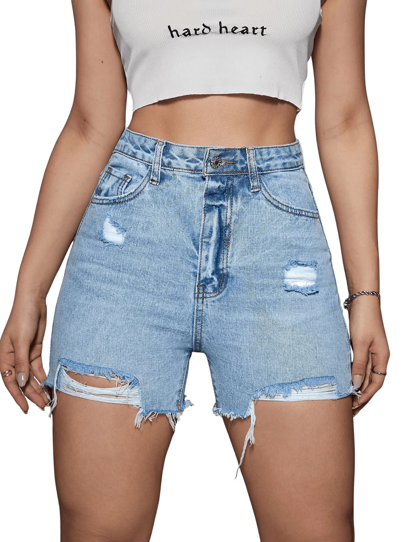 SweatyRocks Women's High Waist Ripped Denim Shorts - Straight Leg Distressed Jean Shorts with Pockets | Summer Fashion, Casual Outfits, Streetwear Style