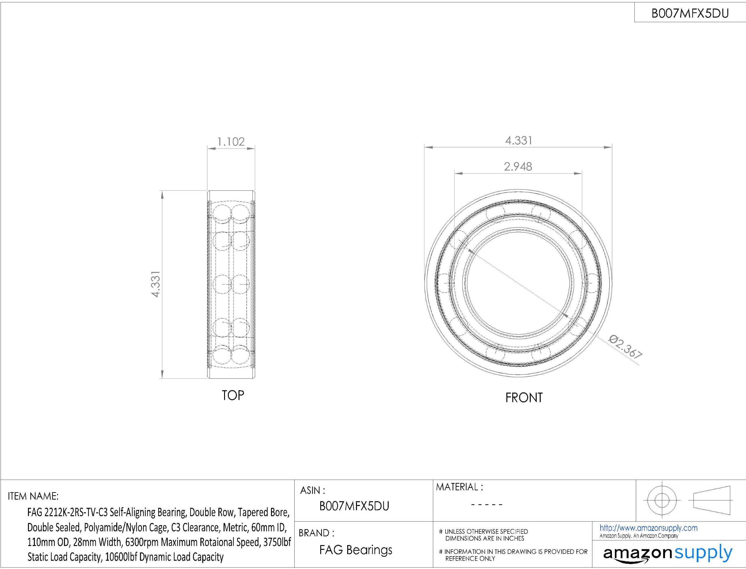 2212K-2RS-TV-C3 Double Row Self-Aligning Ball Bearing - Tapered Bore, Double Sealed, Nylon Cage, C3 Clearance (60mm ID x 110mm OD x 28mm Width) - High Speed 6300rpm - Ideal for Industrial Machinery, Conveyors & Heavy Equipment Applications