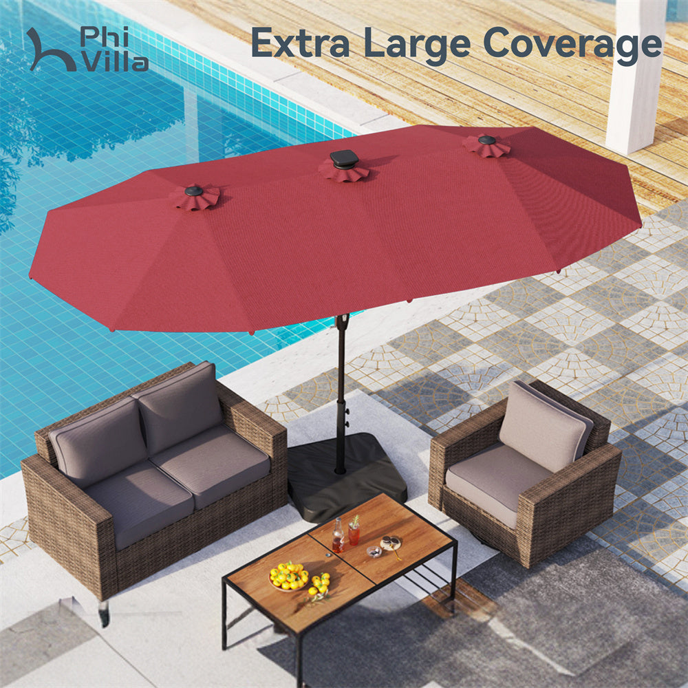 PHI VILLA 13ft Large Double Sided Outdoor Patio Umbrella with Solar Powered LED Lights - Perfect for Poolside, Backyard, Garden, and Beach Use