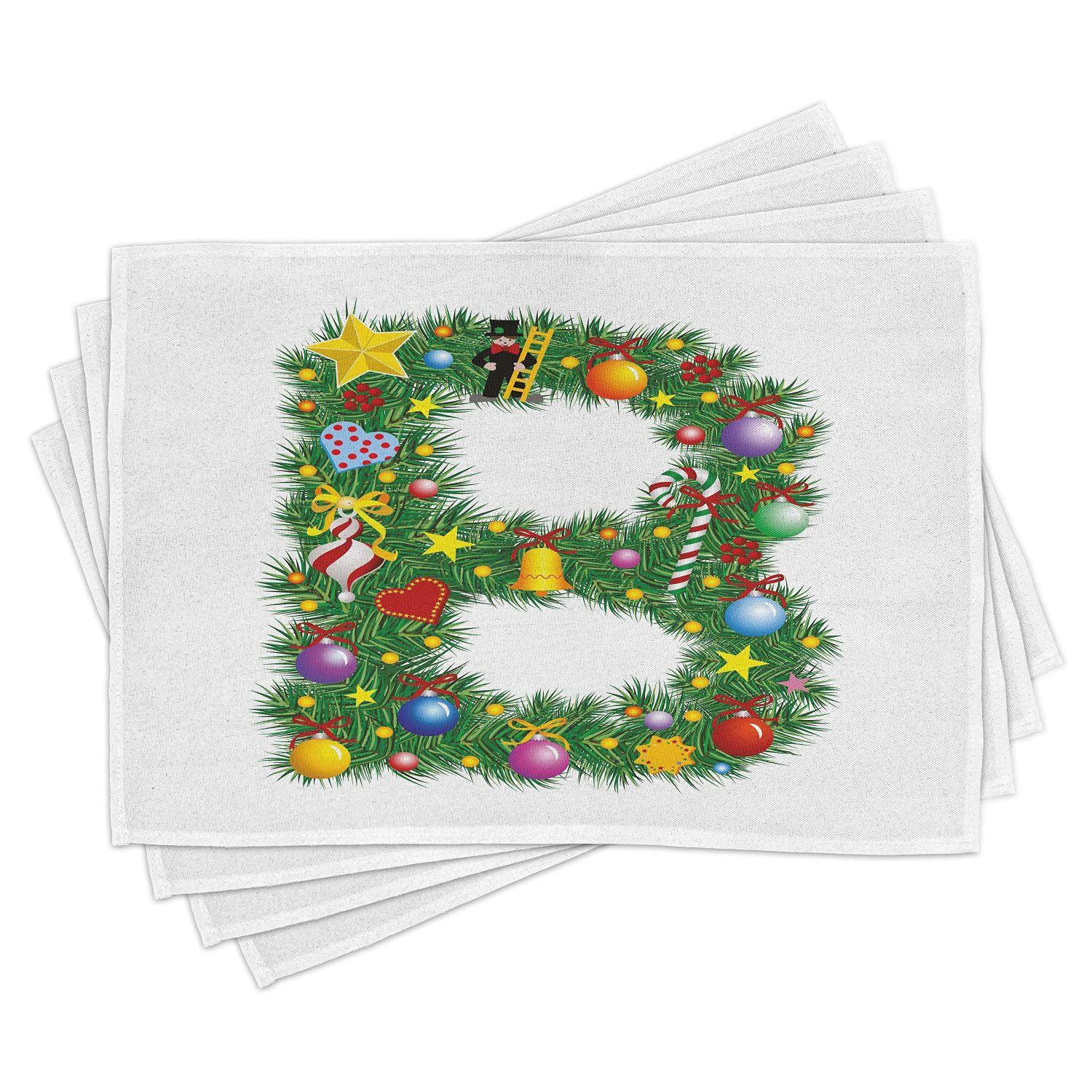 Ambesonne Letter B Christmas Place Mats Set of 4 - Festive Candy Cane & Top Hat Suit Tree Design Fabric Table Mats - Washable Dining Room & Kitchen Decor for Holiday Parties & Family Gatherings