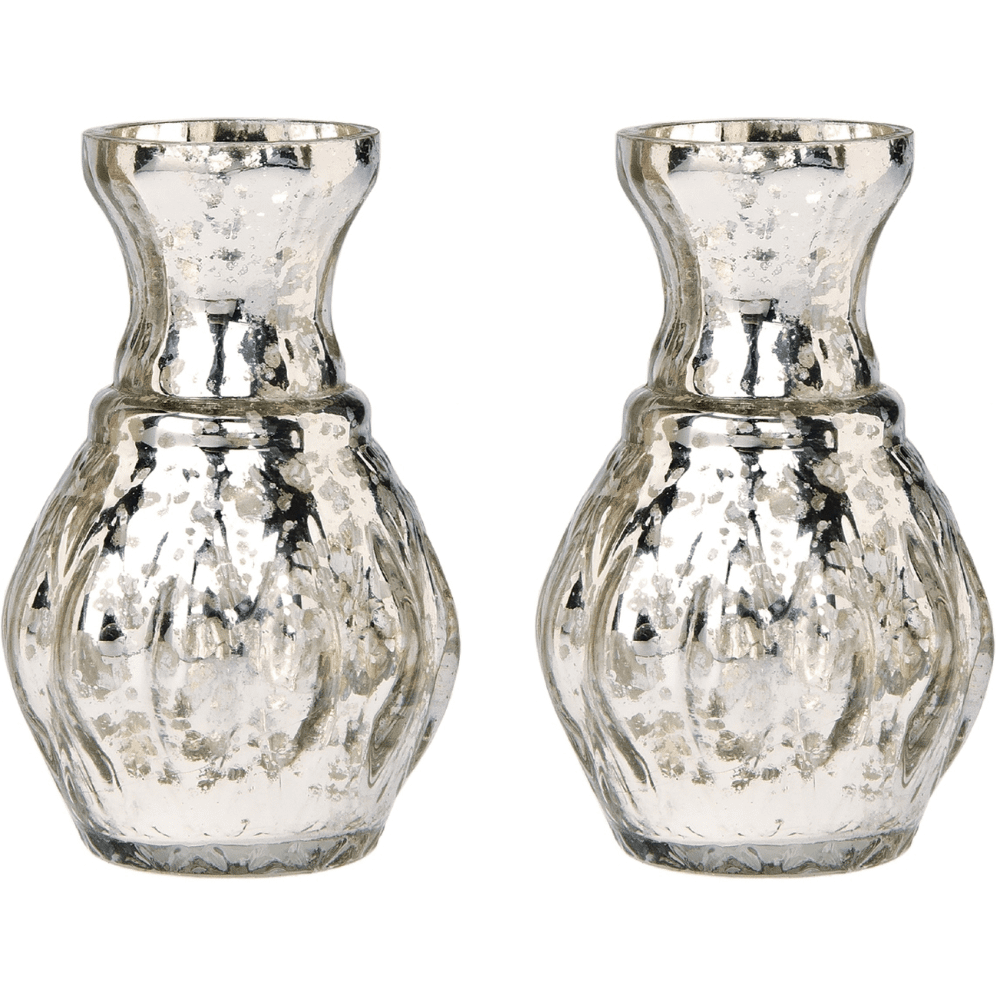 2 Pack Vintage Mercury Glass Vases - 4 Inch Mini Ribbed Design (Silver) - Decorative Flower Vases for Wedding Centerpieces, Home Decor & Tabletop Displays