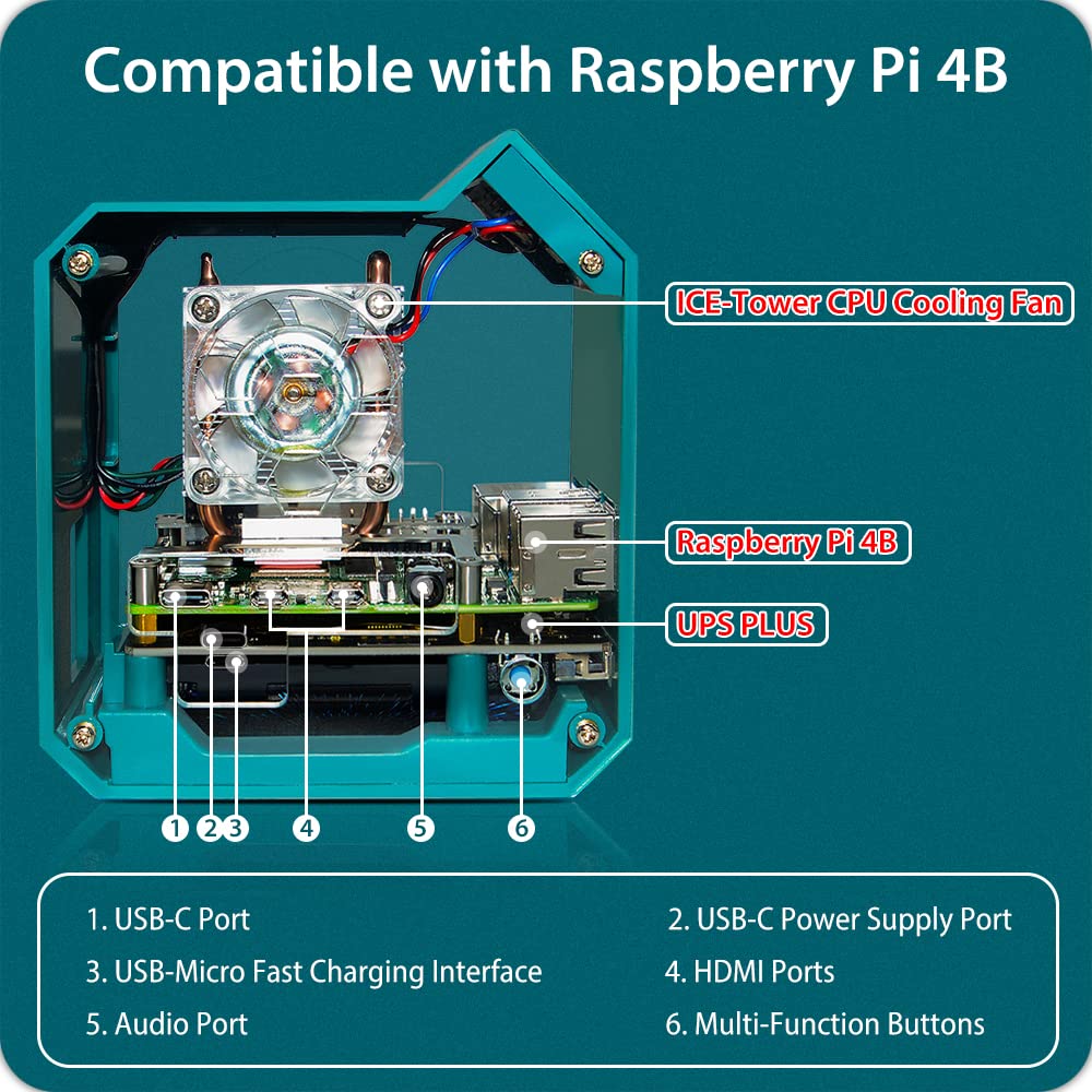 GeeekPi Raspberry Pi 4 Mini Tower Case with ICE Tower Cooler, UPS Plus Hat, 0.96