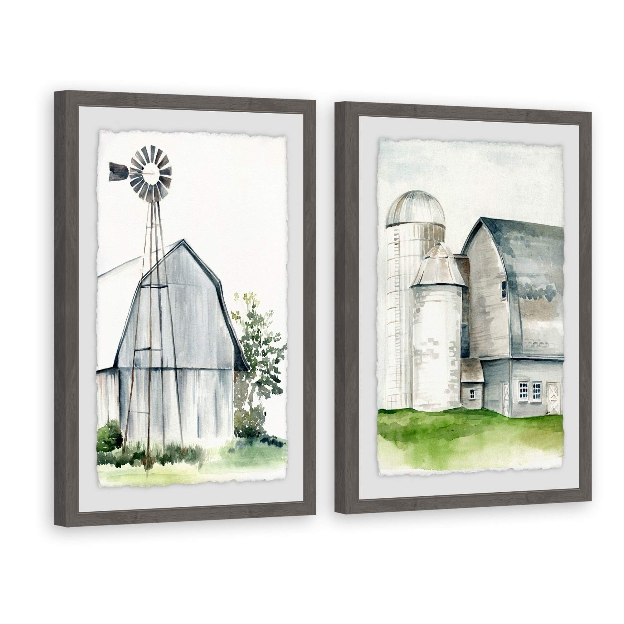 Handmade Watercolor Barn II Diptych Painting - Multi-Color 32x24 Inch Wall Art - Perfect for Farmhouse, Rustic & Boho Home Decor