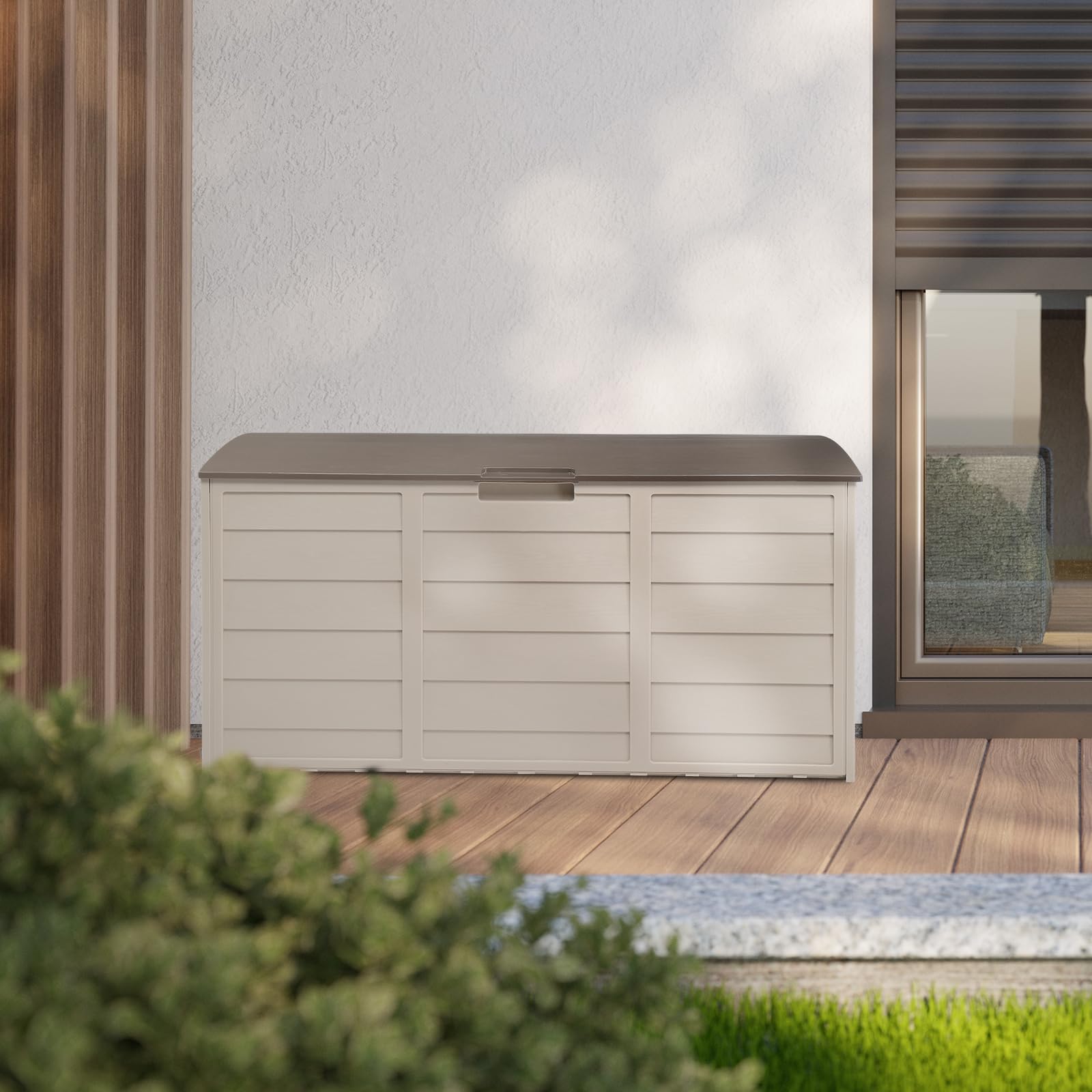 VINGLI Upgraded 75 Gallon Outdoor Storage Box with Lockable Lid - Waterproof Plastic Deck Box for Patio, Garden, Pool, Balcony & Yard - Perfect for Storing Cushions, Pool Toys & Outdoor Gear (Coffee Brown)