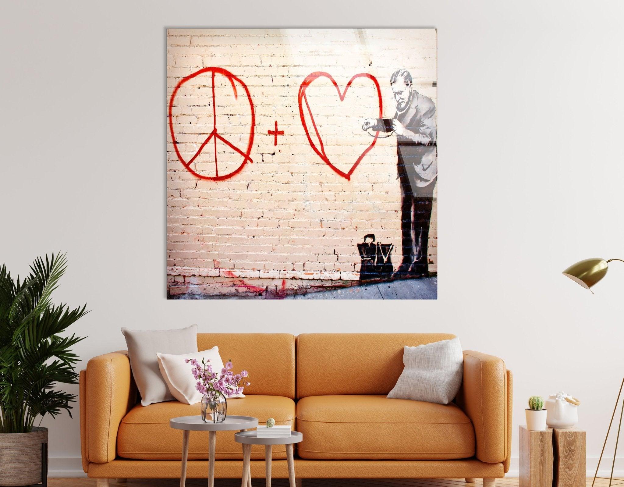 Banksy Peace and Love Glass Wall Art - Modern Home Decor for Living Room, Bedroom & Office - Unique Street Art Inspired Glass Panel
