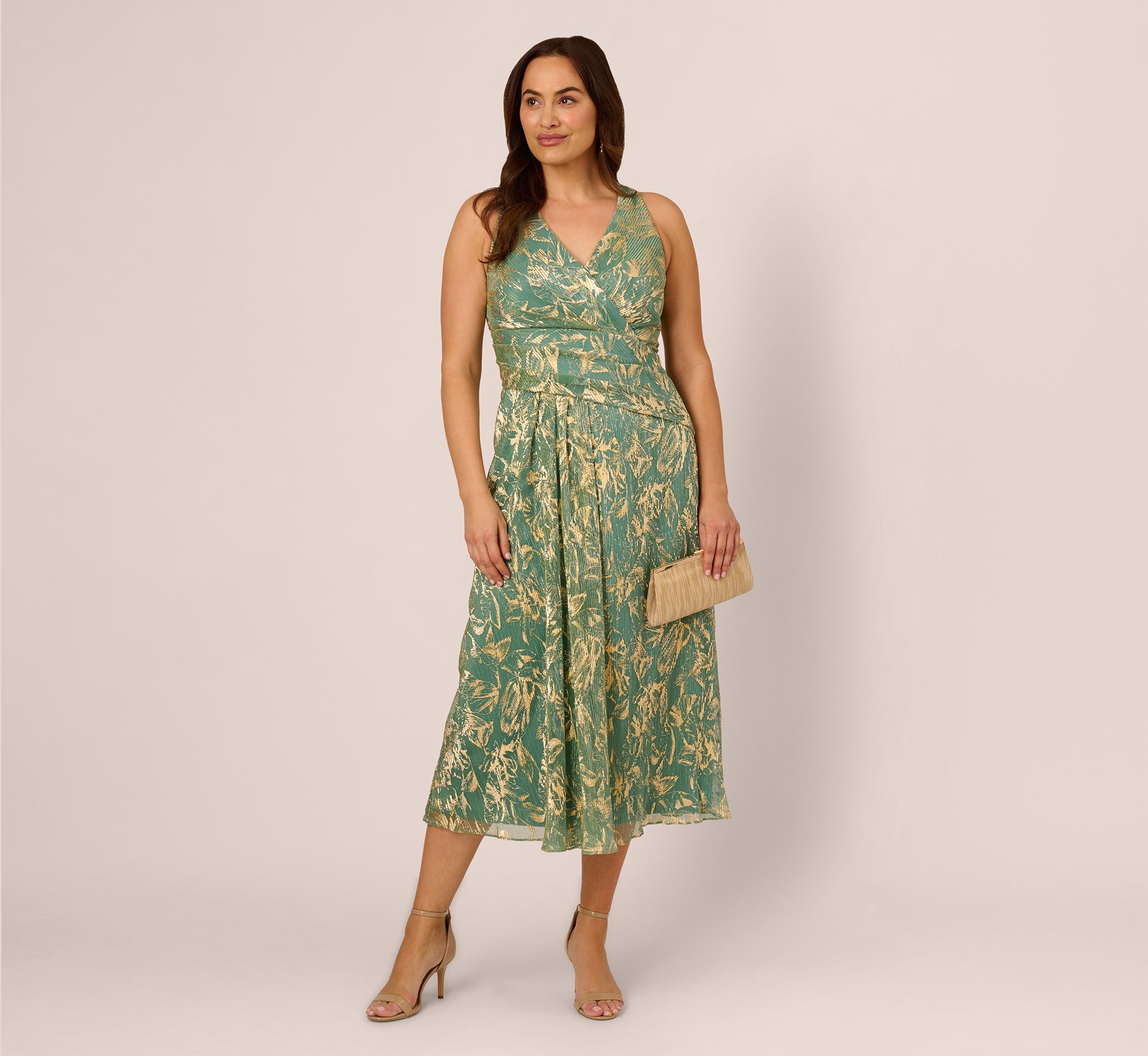 Plus Size Sleeveless Metallic Crinkle Midi Dress in Sage Gold - Elegant Women's Formal Evening Gown for Weddings, Parties & Special Occasions
