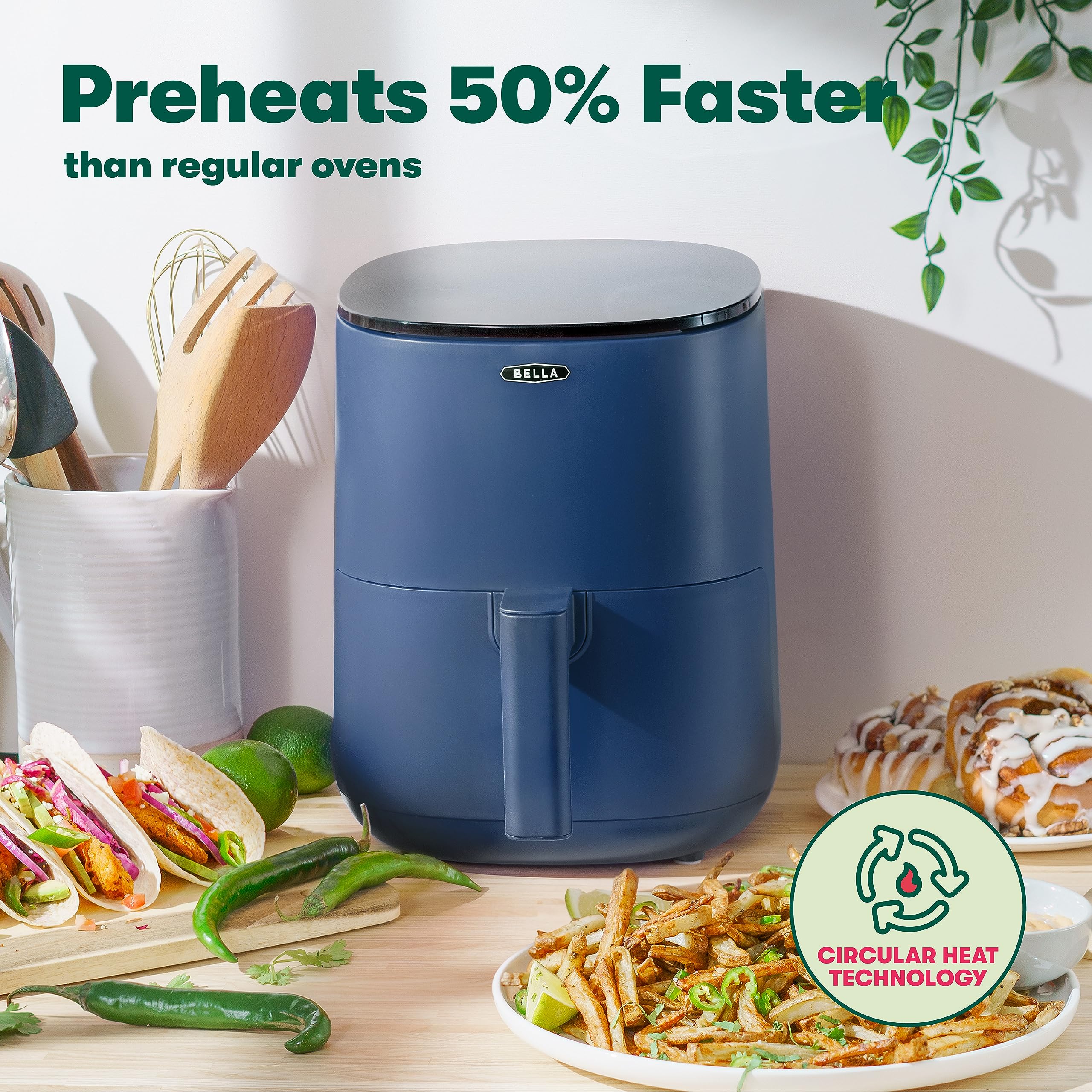 BELLA 3 Quart Touchscreen Air Fryer Oven - 5-in-1 Multicooker with Removable Nonstick Basket & Dishwasher Safe Crisping Tray - 1400W Fast Heating System - Matte Blue - Perfect for Healthy Cooking, Meal Prep & Family Dinners