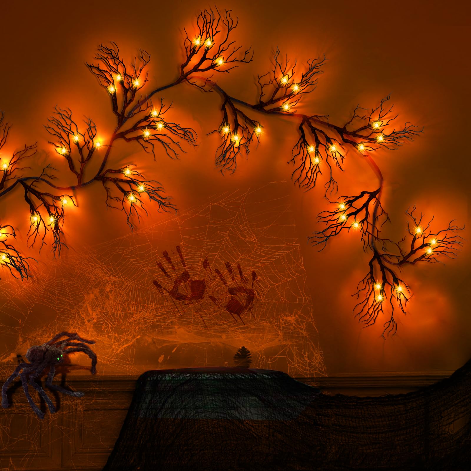 45 LED Halloween Willow Vine Garland - 6ft Battery Operated Waterproof Orange Lights with 8 Modes & Timer for Indoor Wall, Fireplace Mantel, Window, Porch, and Party Decorations