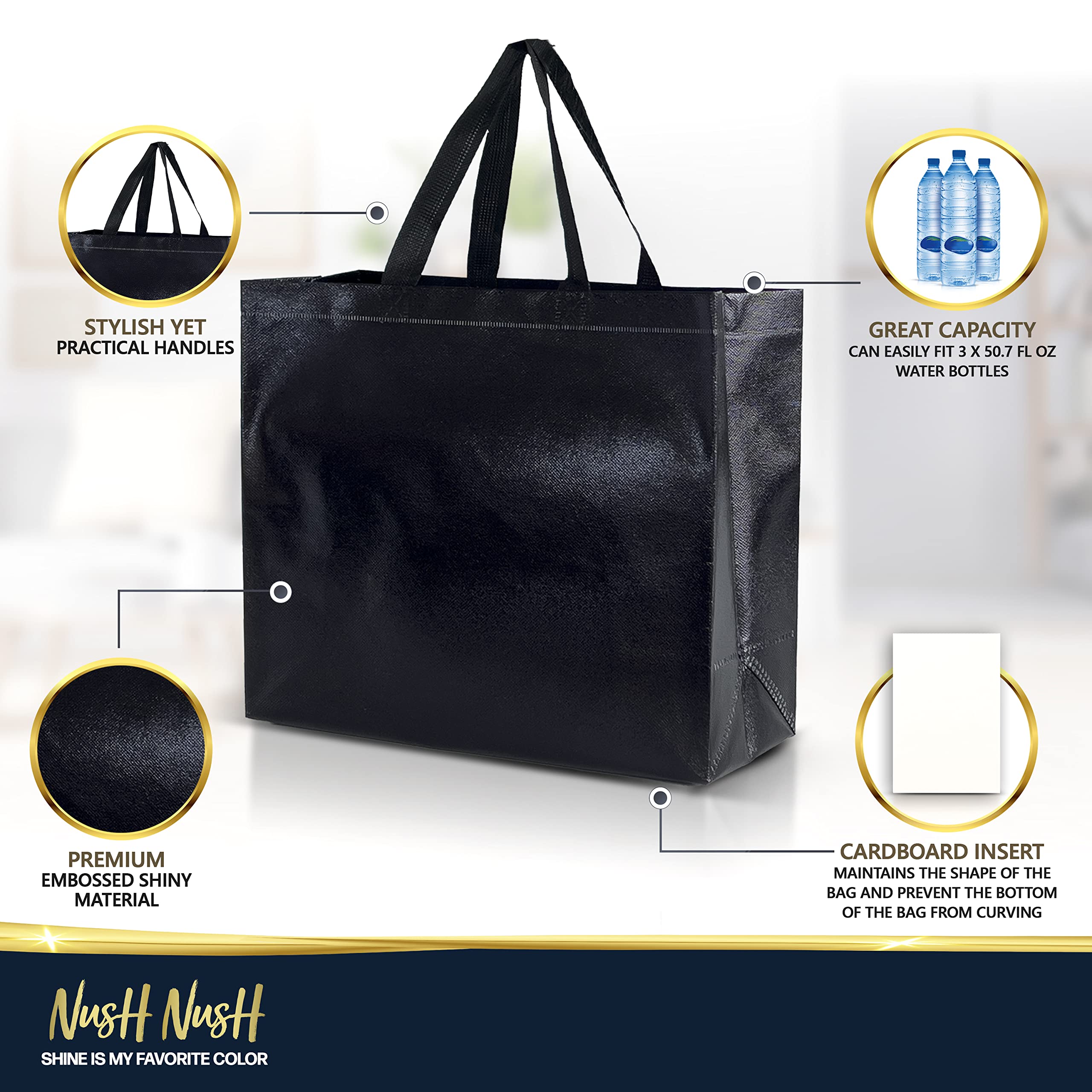 Nush Nush Bulk Set of 30 Large Shiny Black Reusable Gift Bags with Handles - 13