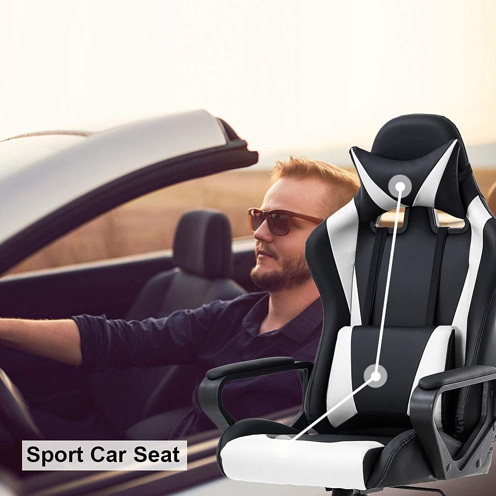 Premium High Back Ergonomic Gaming Chair - Heavy Duty Racing Office Chair with Lumbar Support & Massage Function, Adjustable Swivel PC Video Game Chair with Headrest & Armrests - White - Perfect for Esports, Streaming & Home Office Workspace