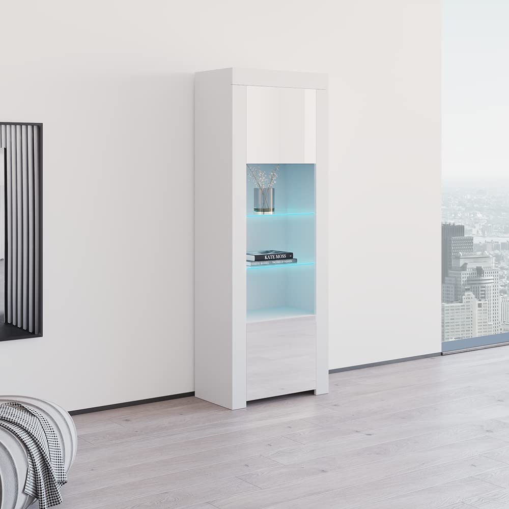 Modern Freestanding Bookcase with Customizable LED Lights - Durable Wooden Bookshelf with 2 High Gloss Doors & Glass Shelf - Decorative Storage Furniture for Living Room, Office & Bedroom - White