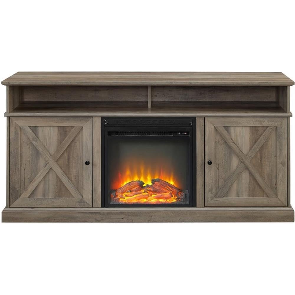 Farmhouse TV Stand with Wood Fireplace Design - Holds TVs up to 60 Inches, Gray Wash Finish - Perfect for Living Room, Bedroom & Home Theater Setup