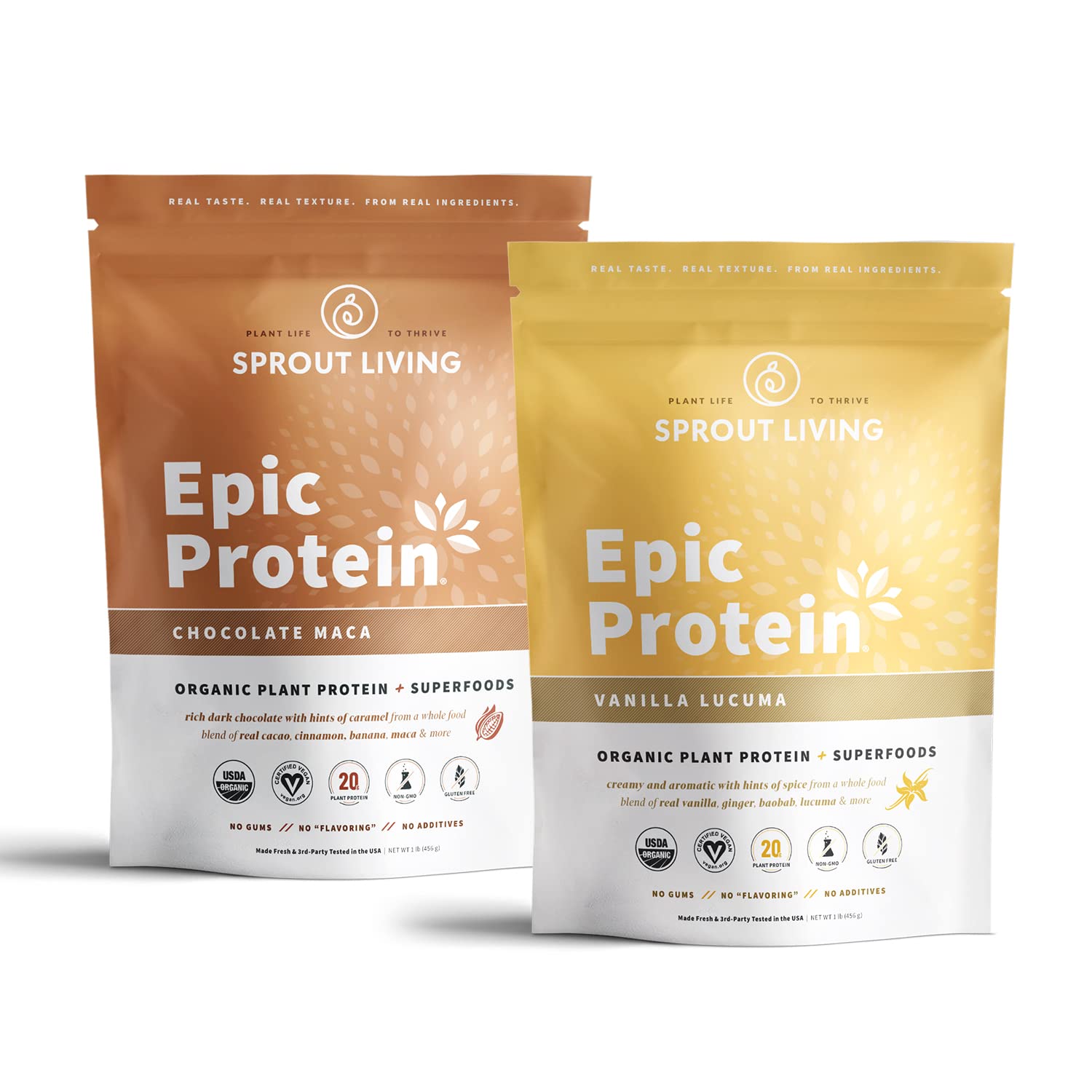 Sprout Living Epic Protein Bundle - Chocolate Maca & Vanilla Lucuma (20g Organic Plant-Based Vegan Protein Powder, Gluten Free, Superfoods) | 1lb, 12 Servings for Smoothies, Baking & Post-Workout Recovery