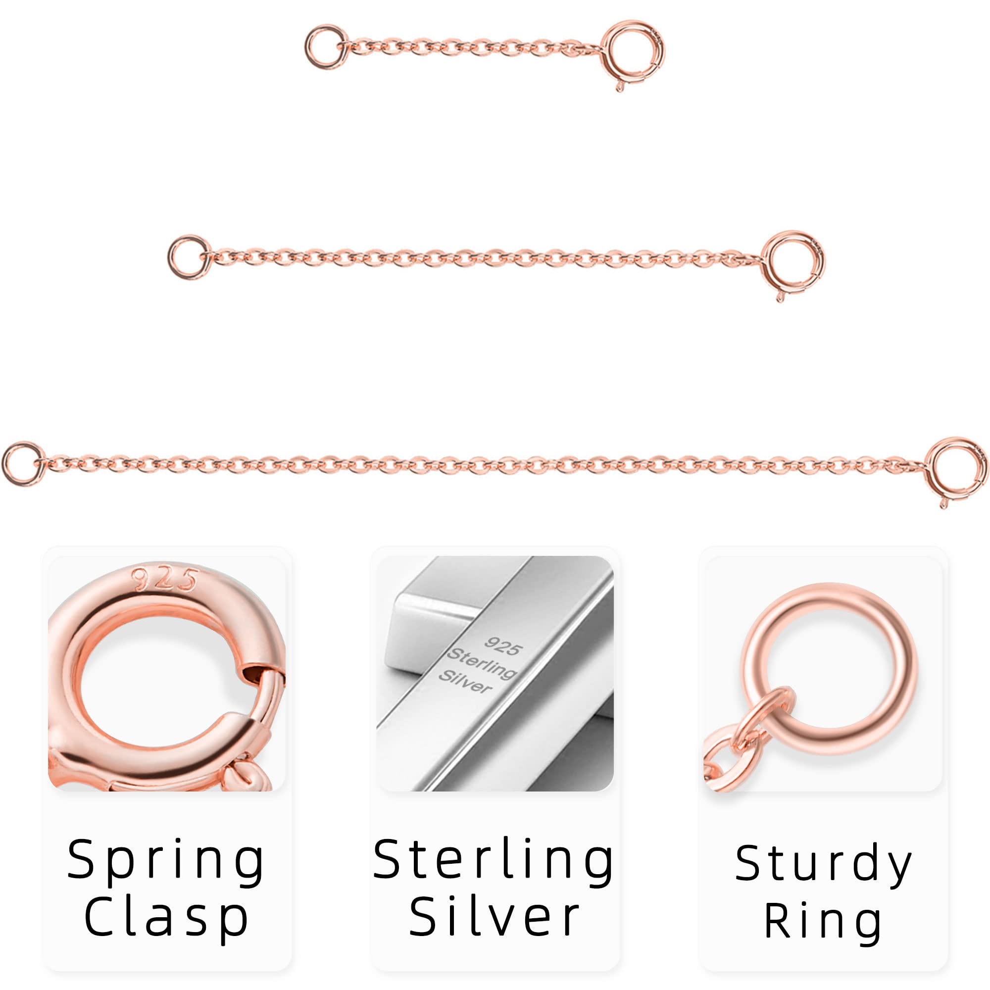 Rose Gold Necklace Extender Chain for Women - 1inch 2inch 3inch Adjustable Sterling Silver Jewelry Extender | Perfect for Layering Necklaces, Pendants & Personalized Gifts
