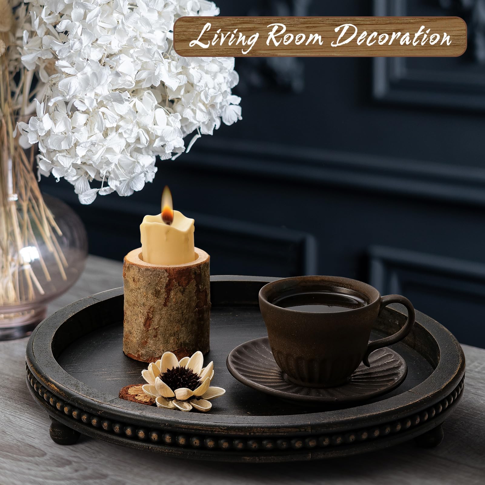 KULEDM Black Round Wooden Tray with Beaded Design - Decorative Coffee Table Tray for Living Room, Dining Table & Entryway | Perfect for Serving Drinks, Displaying Decor & Organizing Essentials