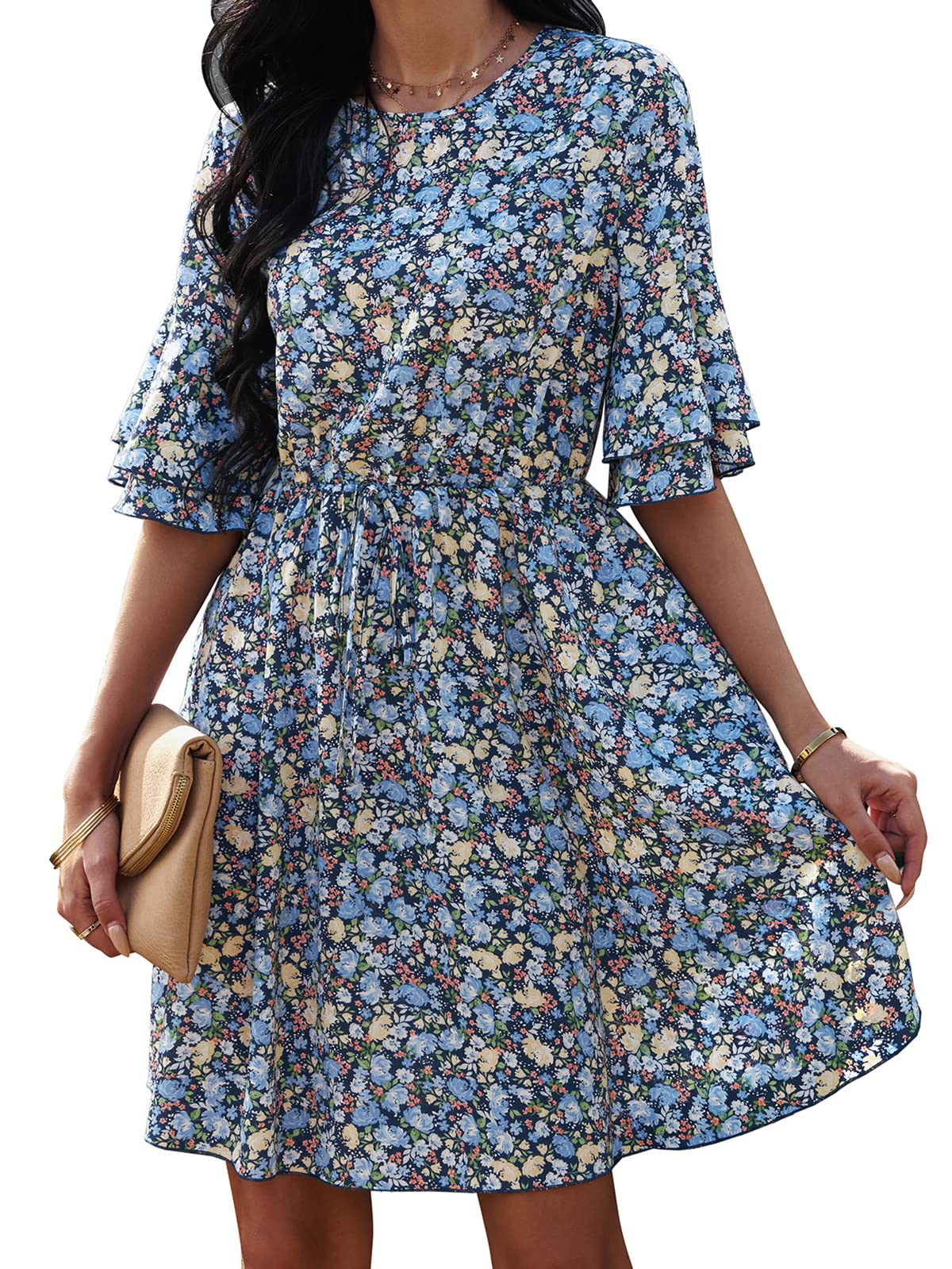 ANRABESS Women's Floral Print Ruffle Mini Dress - Bell Sleeve, Elastic Waist A-Line Swing Dress for Summer Beach, Party & Casual Wear