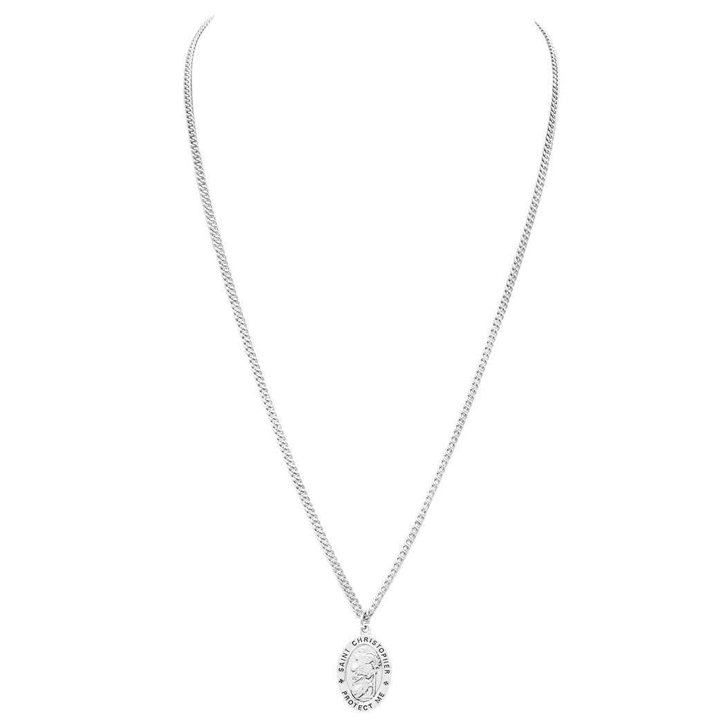 Men's Sterling Silver Saint Christopher Protect This Athlete Sports Medal Pendant Necklace - 24 Inch Religious Gift for Athletes - Perfect for Running, Cycling & Outdoor Sports Protection