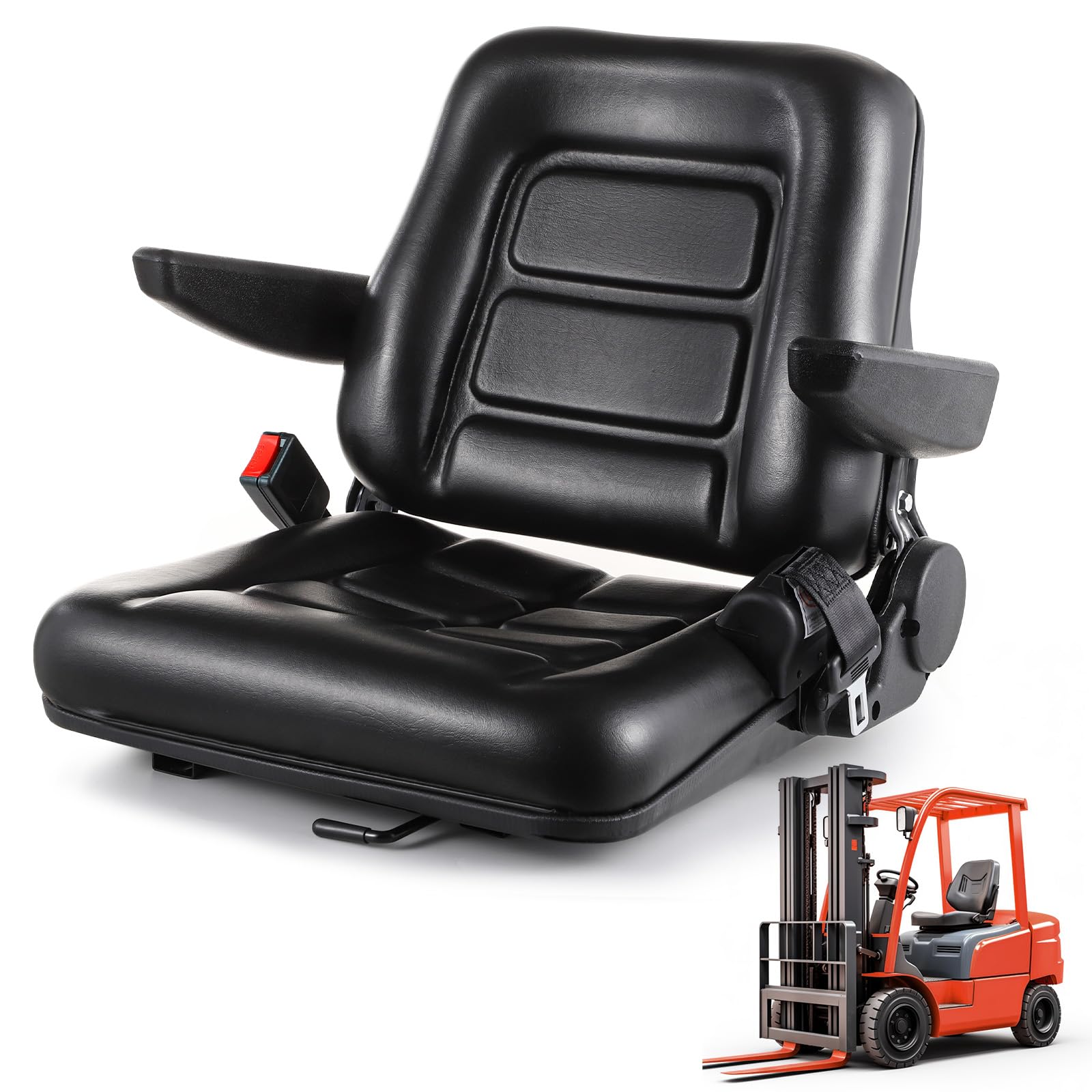 Universal Forklift Seat - Adjustable Folding Tractor Seat with Backrest & Armrest | Heavy-Duty Replacement Seat for Forklifts, Excavators, Skid Steers, Backhoes, Dozers & Telehandlers | Ideal for Construction, Agriculture & Industrial Equipment