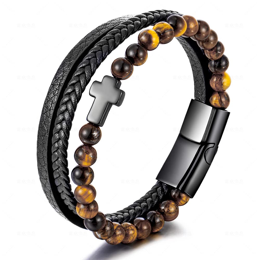 Punk Layered Braid Leather Bracelet for Men - Adjustable Cross Pendant Bangle with Stainless Steel Magnetic Clasp - Handwoven Multi-Layer Leather Wristband Jewelry for Teen Boys & Adults - Perfect for Casual Wear, Gifts, and Rocker Style Accessories