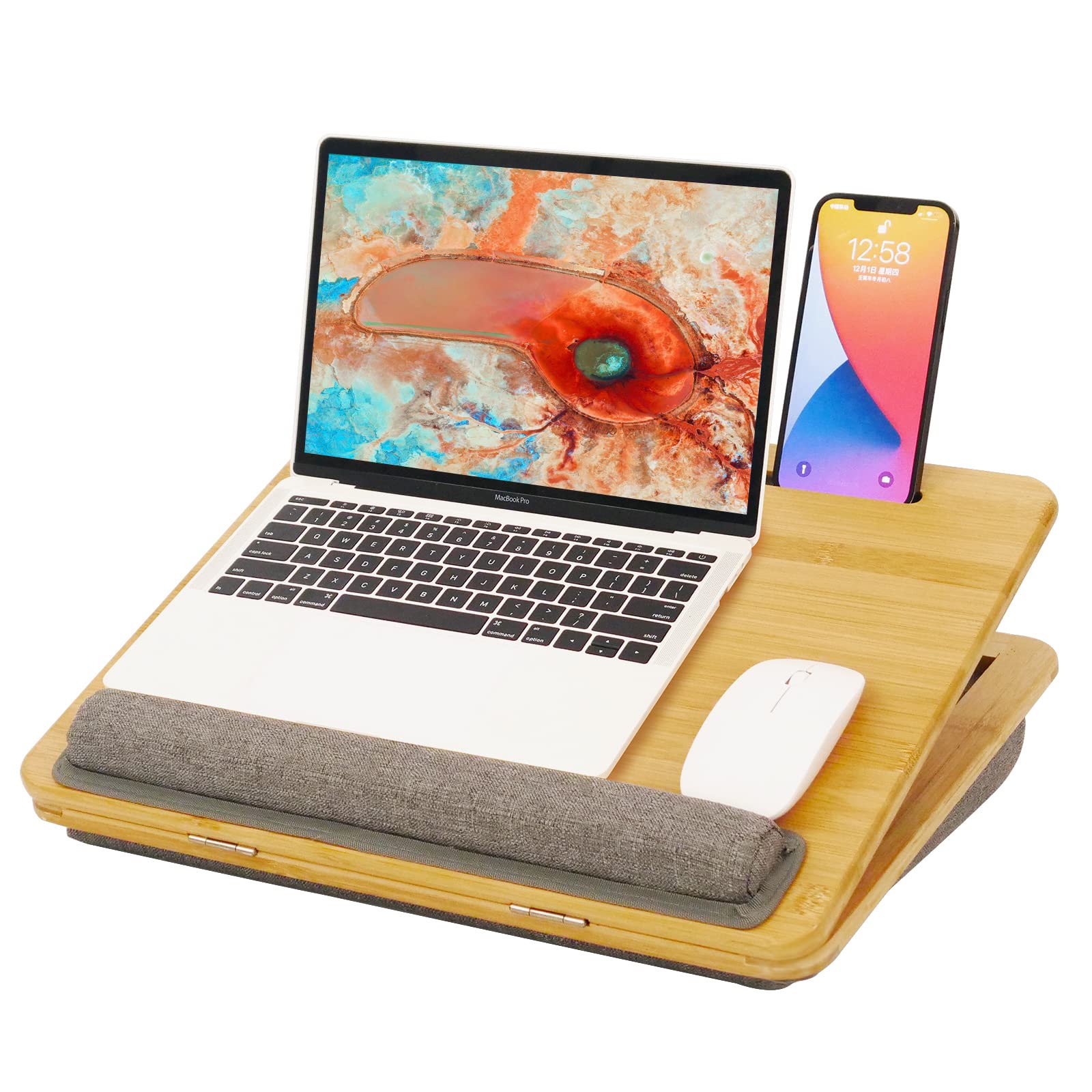 Adjustable Bamboo Lap Desk for Laptop with Cushion - Portable Laptop Stand with Tablet Slot & Phone Holder - Ergonomic Bed Tray for Home Office, Sofa, Car & Travel Use - Perfect for Working, Studying or Watching Movies in Bed