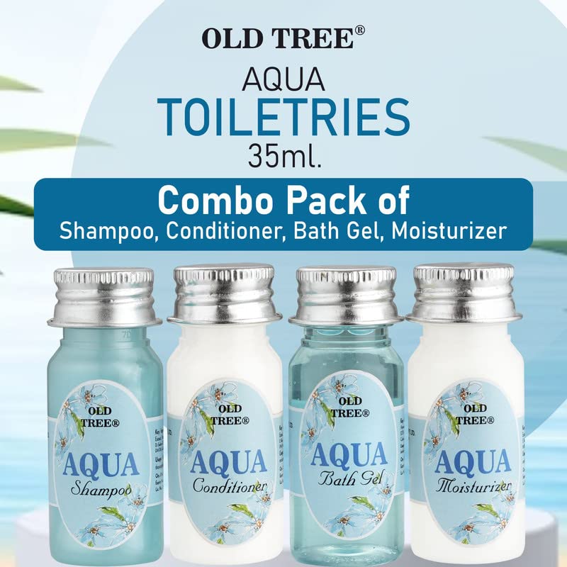 Old Tree Aqua Body Care Travel Kit 35ml (12-48 Pcs Set) | Shampoo, Conditioner, Shower Gel & Moisturizer for Men & Women | Travel-Size Toiletries | Perfect for Hotels, Gyms, Camping & Air Travel | Vegan & Cruelty-Free