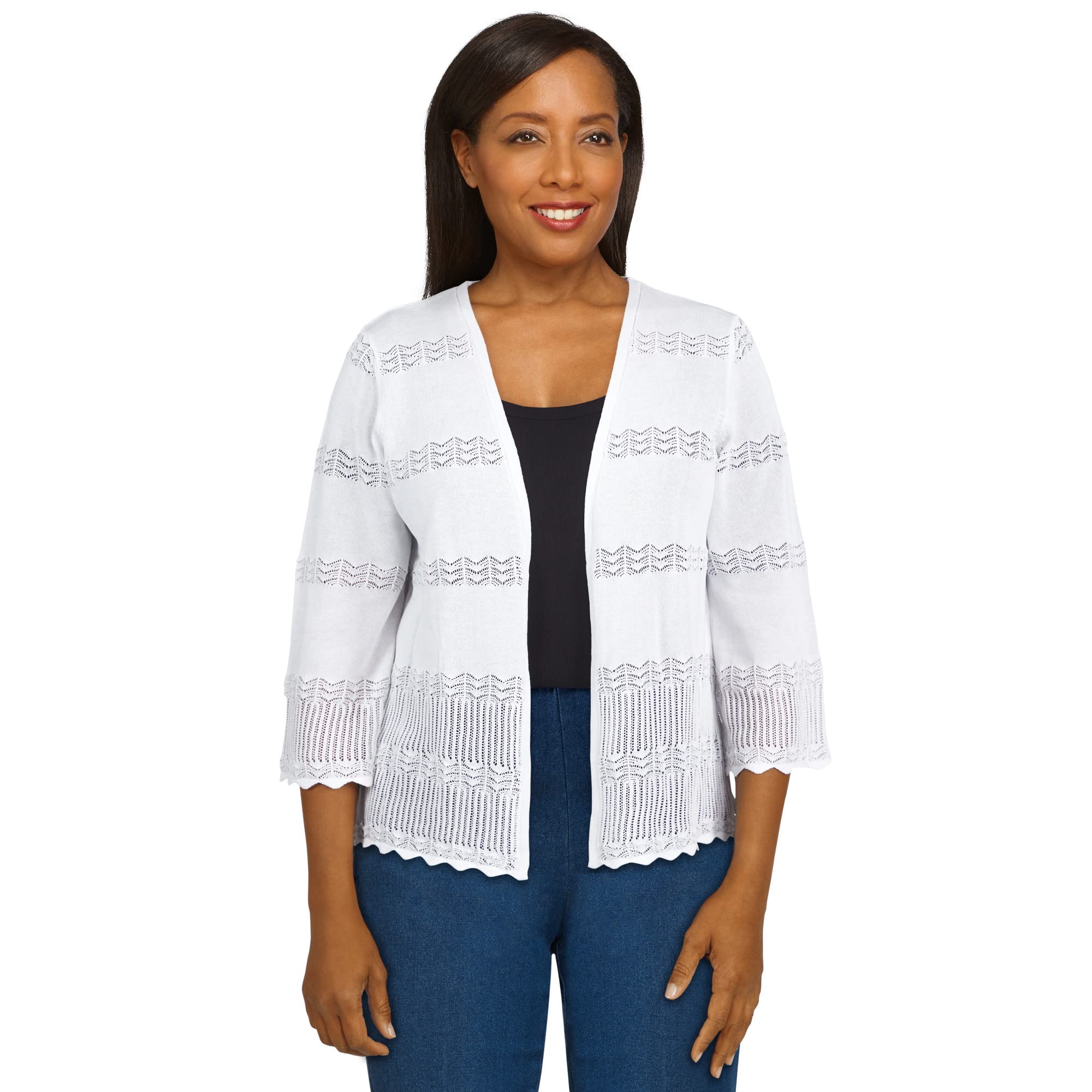 Alfred Dunner Women's Pointelle Knit Cardigan Sweater - Soft Open Front Long Sleeve Wrap for Casual Wear & Office Outfits