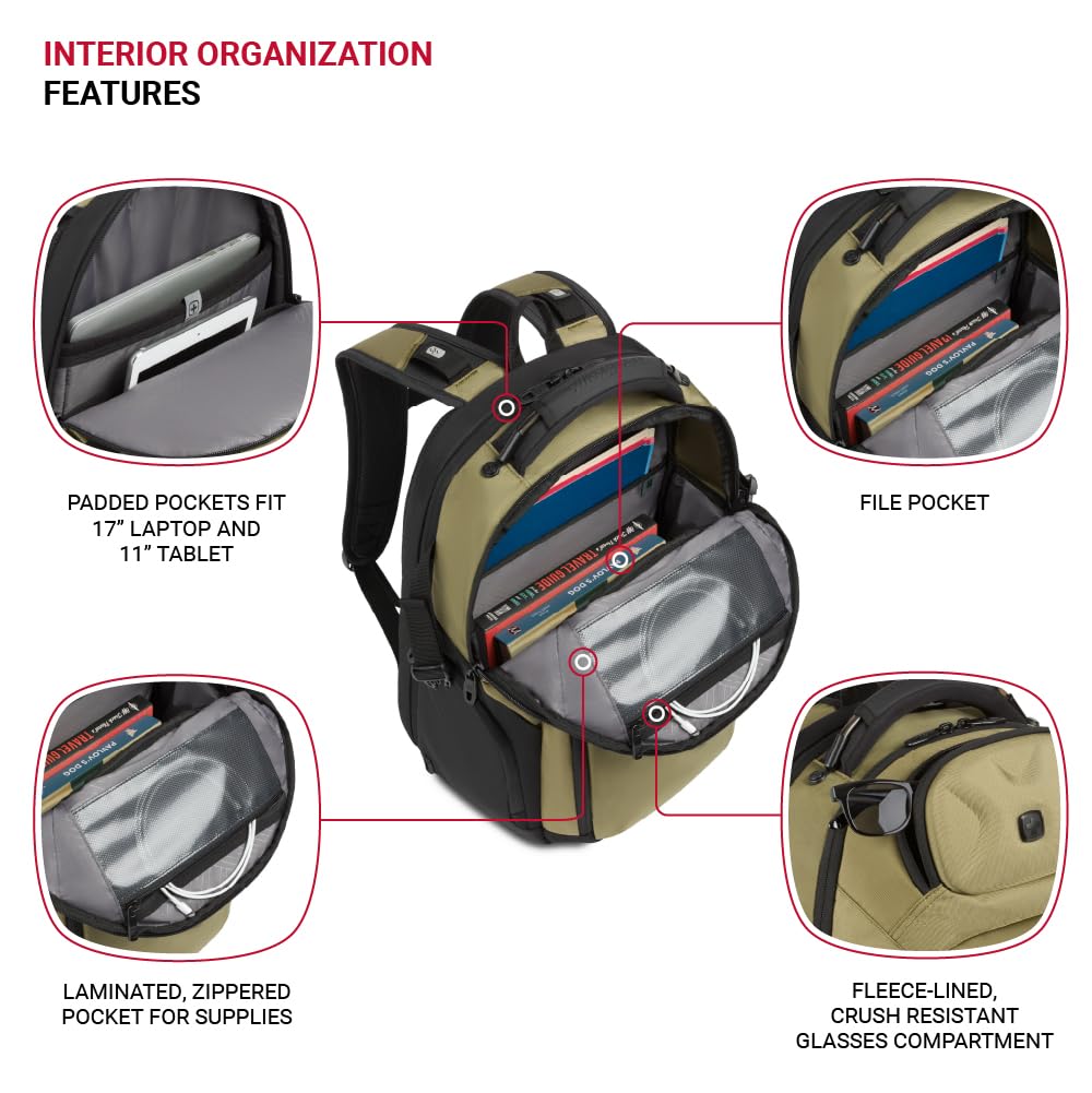SwissGear Endure Scansmart 17.75 Inch Laptop Backpack for Men & Women - Anti-Theft Travel Backpack with USB Charging Port, Olive Green - Perfect for Business, College & Commuting