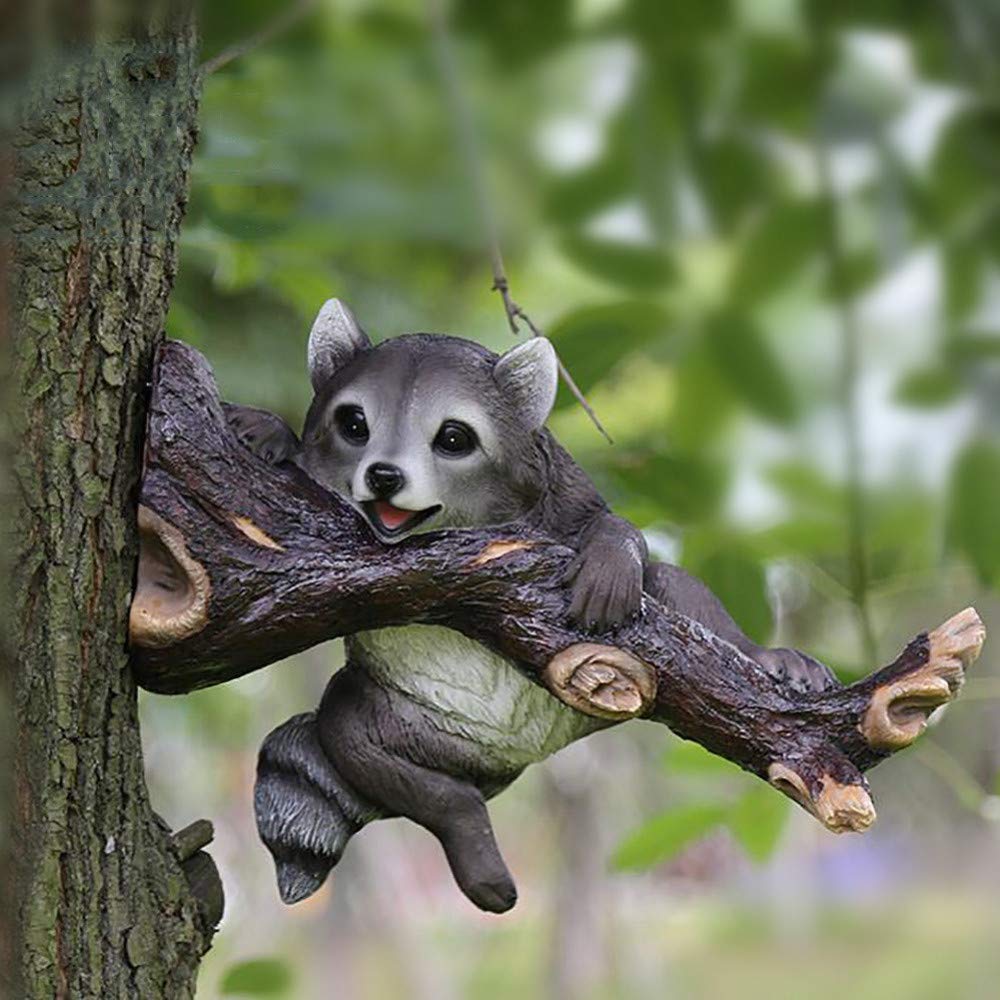 Charming Raccoon on Tree Branch Statue - Outdoor Garden Decor, Animal Figurine, Fairy Ornament for Fence & Yard - Perfect for Wildlife-Themed Gardens, Patio Decor, and Backyard Landscaping