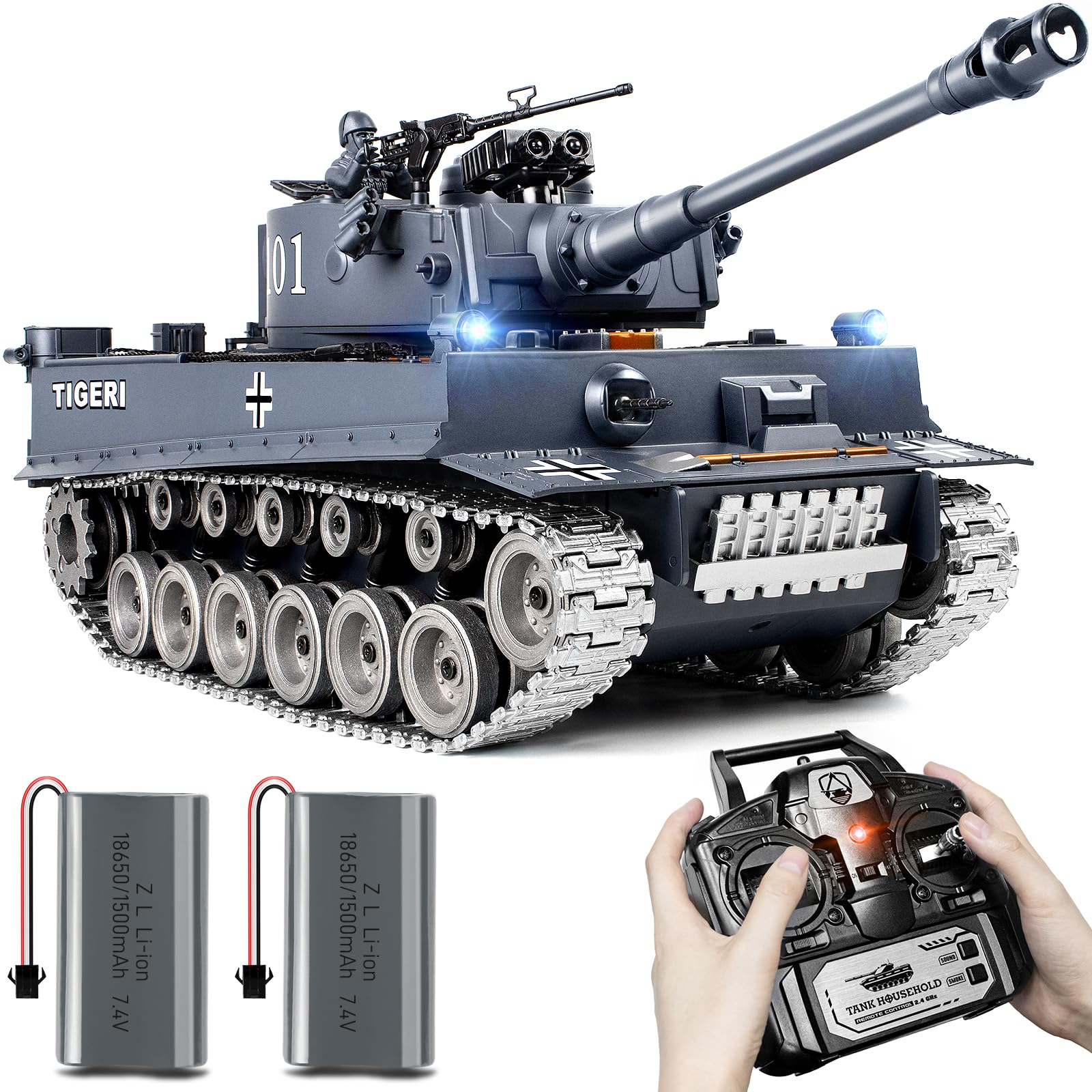 1:18 Scale German Tiger I Alloy Metal RC Tank - 2.4GHz Remote Control Military Model with Realistic Smoke, Sound & Lights | Shoots BBs & Water Bombs | Fun Battle Toy for Adults & Kids | Perfect for Outdoor Play, Backyard Battles & Collectors Display